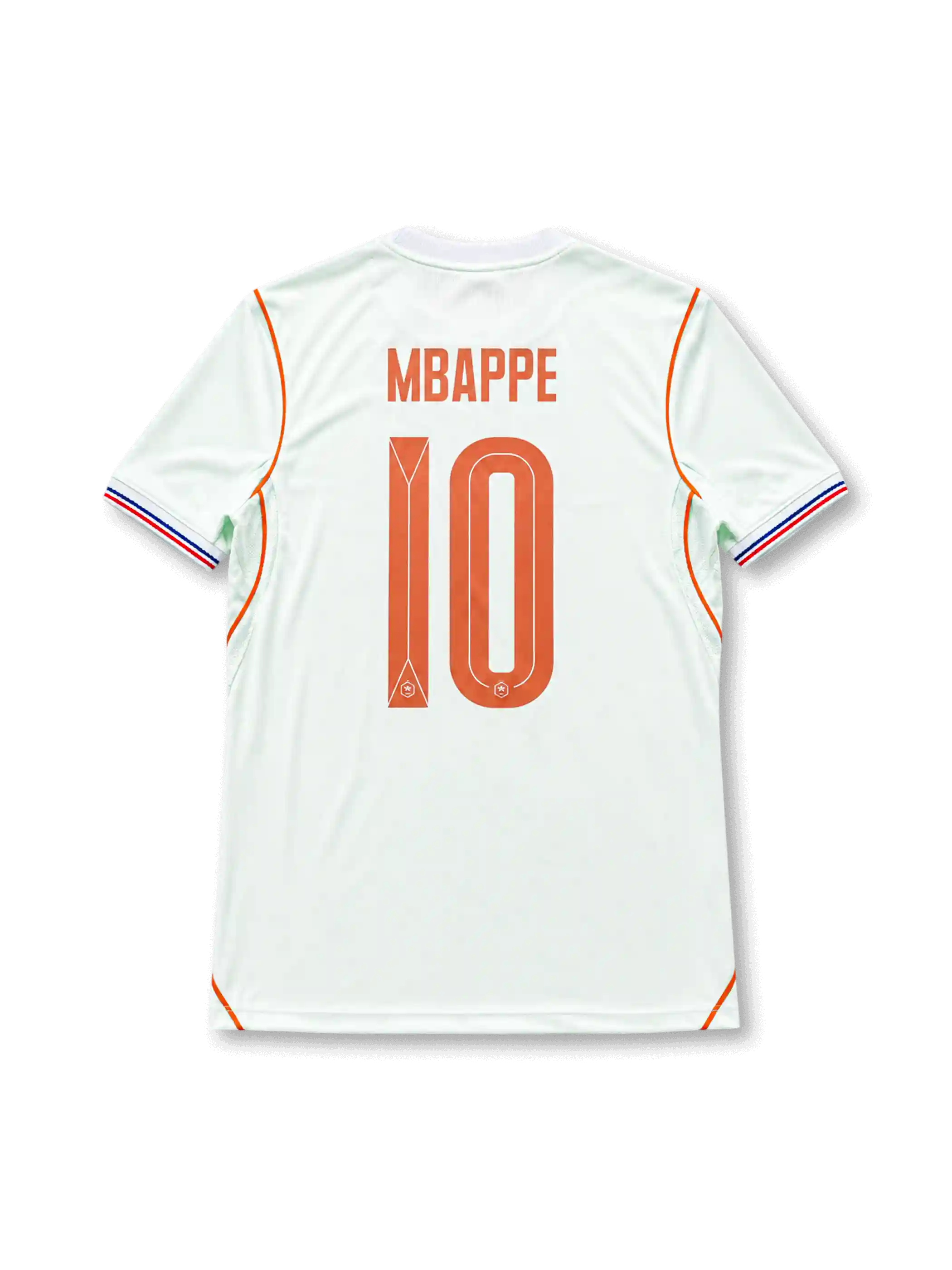 Kylian Mbappé #10 France 2026 World Cup away jersey in off-white with orange number 10 on the front and MBAPPÉ name and number 10 on the back.