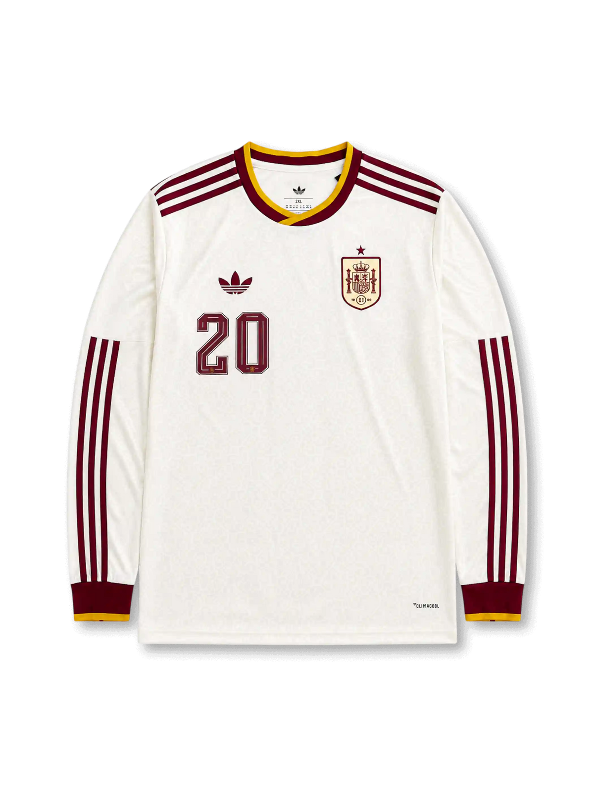 Spain 2026 away long sleeve shirt with PEDRI #20, off-white body, burgundy stripes, gold trim, Trefoil branding, and matching front and back player print.