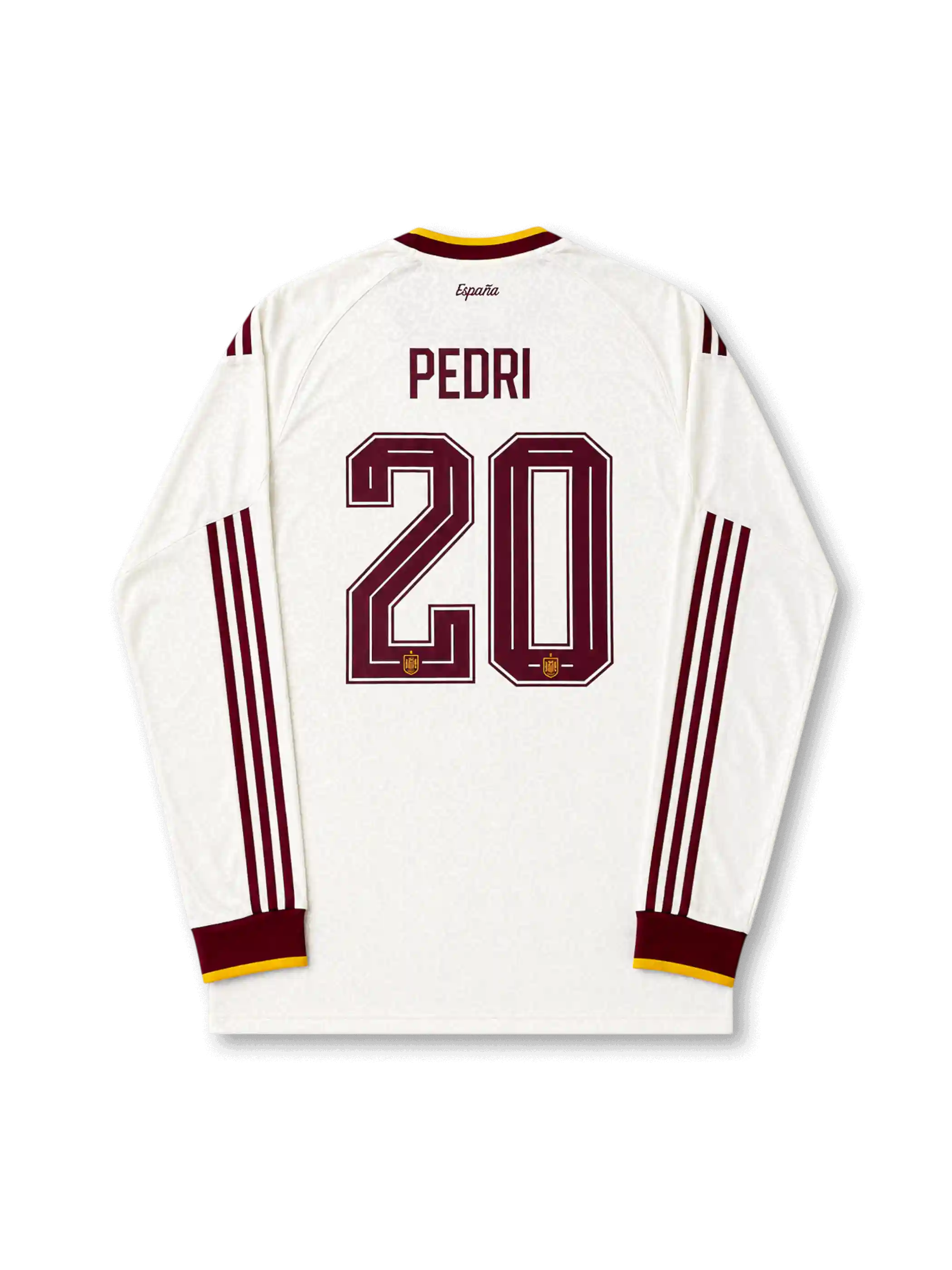 Spain 2026 away long sleeve shirt with PEDRI #20, off-white body, burgundy stripes, gold trim, Trefoil branding, and matching front and back player print.