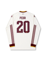 Spain 2026 away long sleeve shirt with PEDRI #20, off-white body, burgundy stripes, gold trim, Trefoil branding, and matching front and back player print.