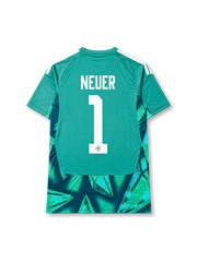 Germany 2026 green goalkeeper football jersey for Manuel Neuer #1 with white shoulder stripes, four-star crest, front number 1, and matching back name and number.