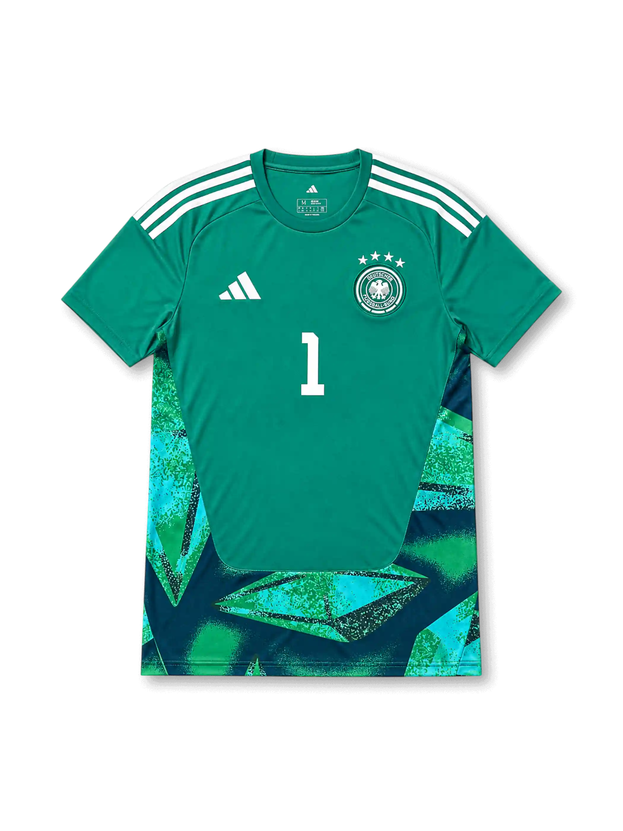 Germany 2026 green goalkeeper football jersey for Manuel Neuer #1 with white shoulder stripes, four-star crest, front number 1, and matching back name and number.