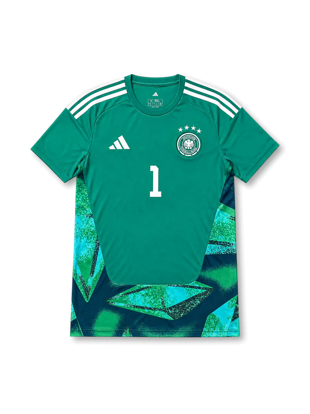 Germany 2026 green goalkeeper football jersey for Manuel Neuer #1 with white shoulder stripes, four-star crest, front number 1, and matching back name and number.