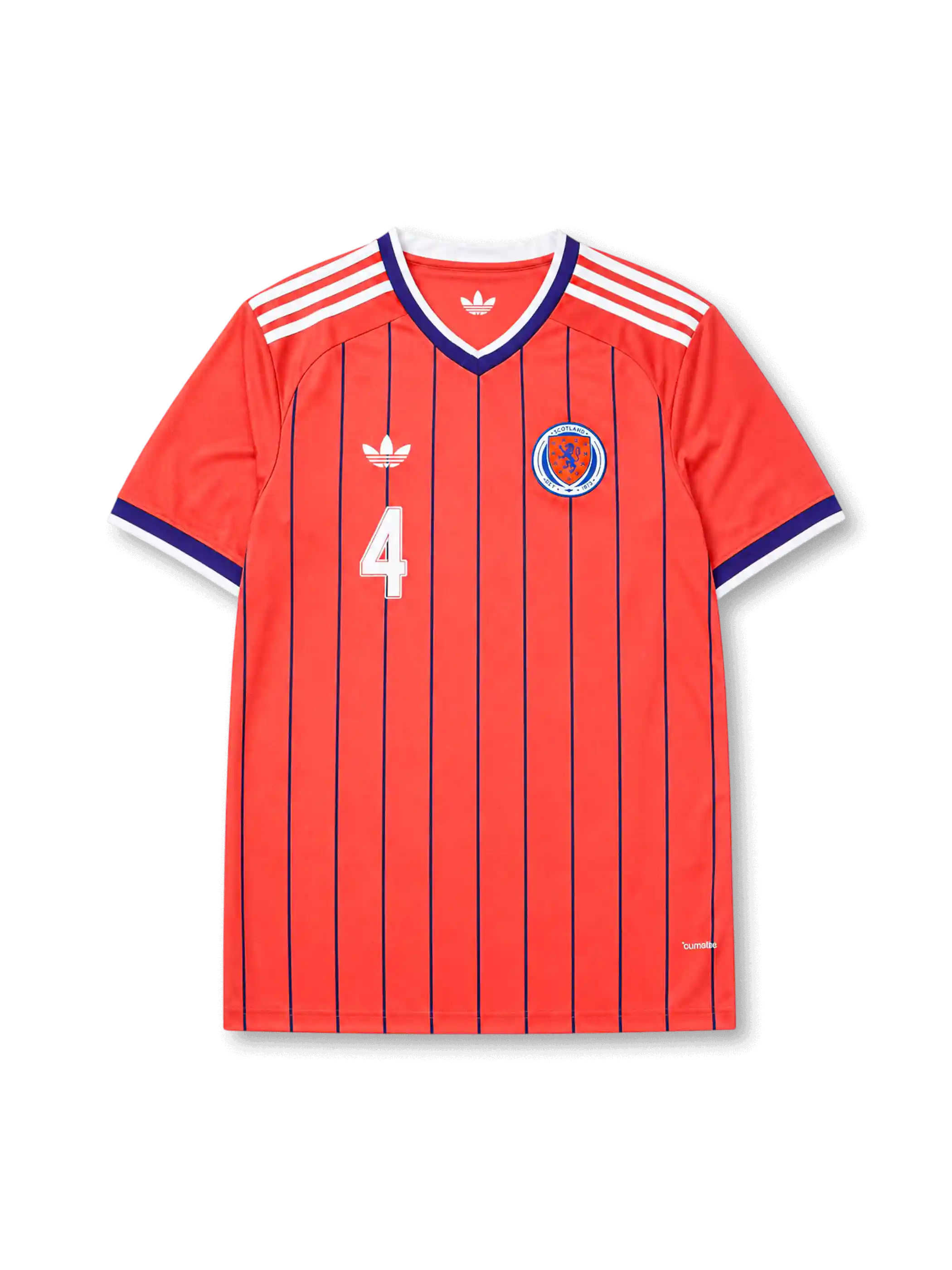 Scotland 2026 away shirt with MCTOMINAY #4, coral-orange body, navy vertical pinstripes, Scotland crest, Trefoil branding, and matching front and back player print.