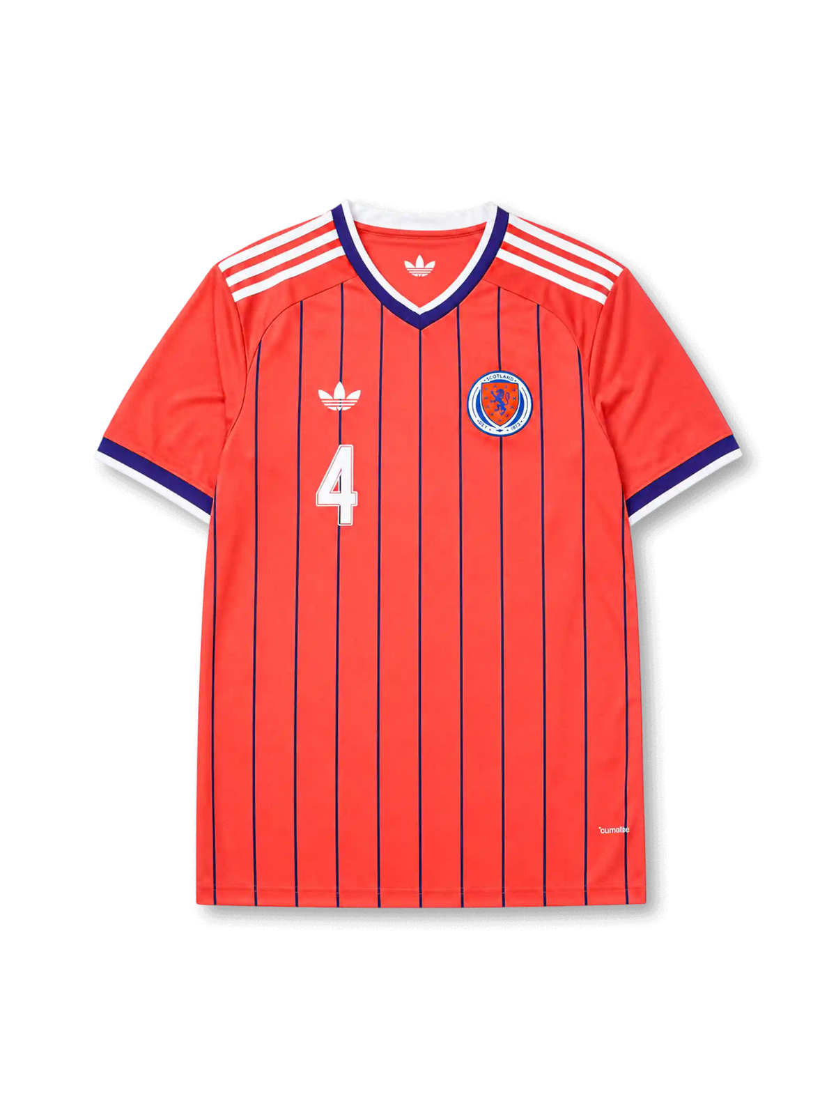 Scotland 2026 away shirt with MCTOMINAY #4, coral-orange body, navy vertical pinstripes, Scotland crest, Trefoil branding, and matching front and back player print.
