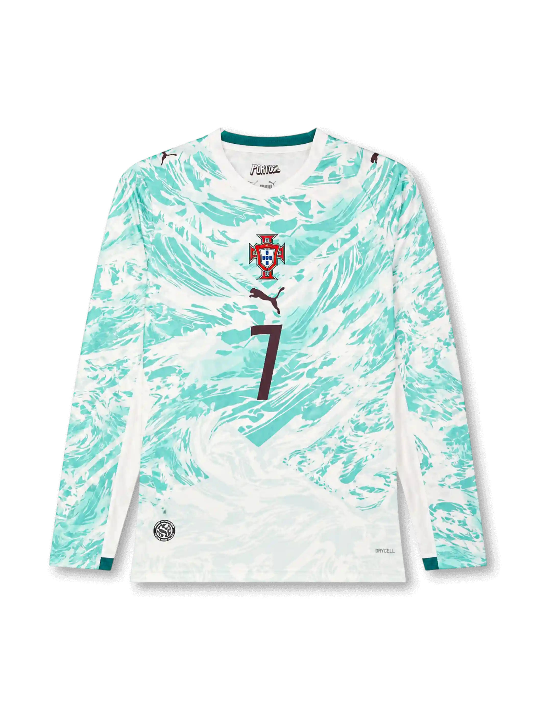 Portugal 2026 away long sleeve shirt with Cristiano Ronaldo #7, white base, mint wave pattern, centered Portugal crest, Puma logo, and matching front and back player print.