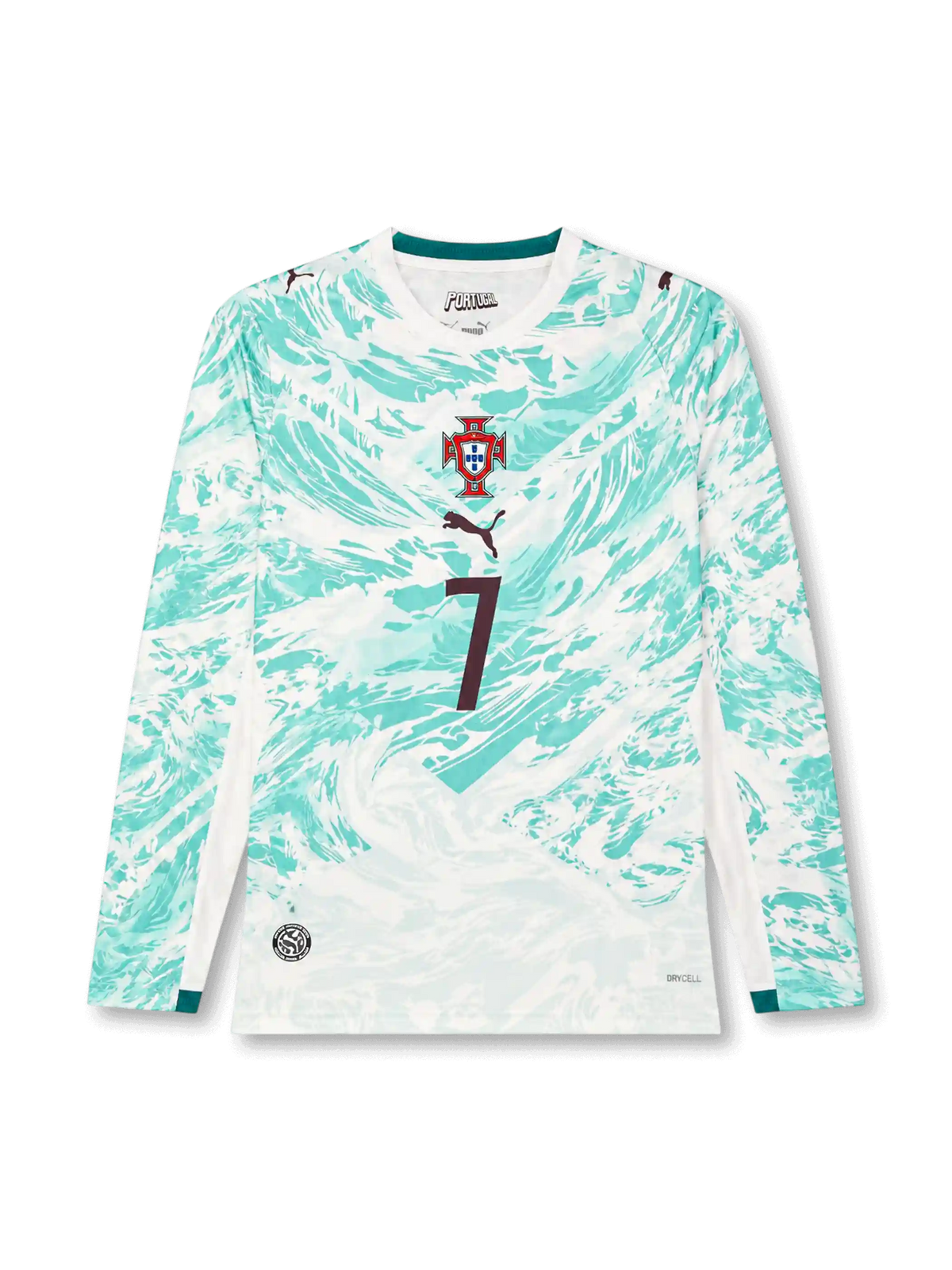 Portugal 2026 away long sleeve shirt with Cristiano Ronaldo #7, white base, mint wave pattern, centered Portugal crest, Puma logo, and matching front and back player print.