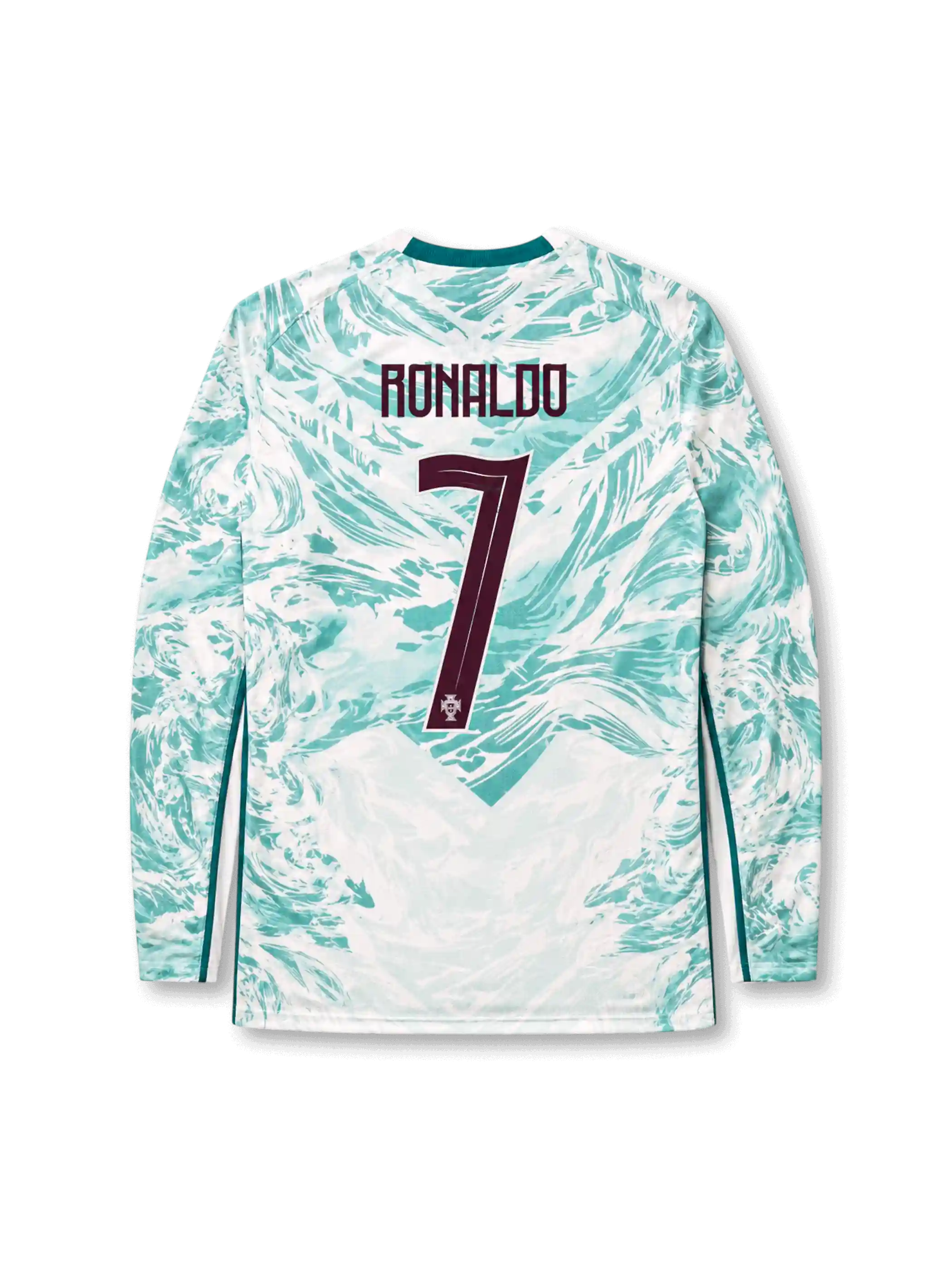 Portugal 2026 away long sleeve shirt with Cristiano Ronaldo #7, white base, mint wave pattern, centered Portugal crest, Puma logo, and matching front and back player print.