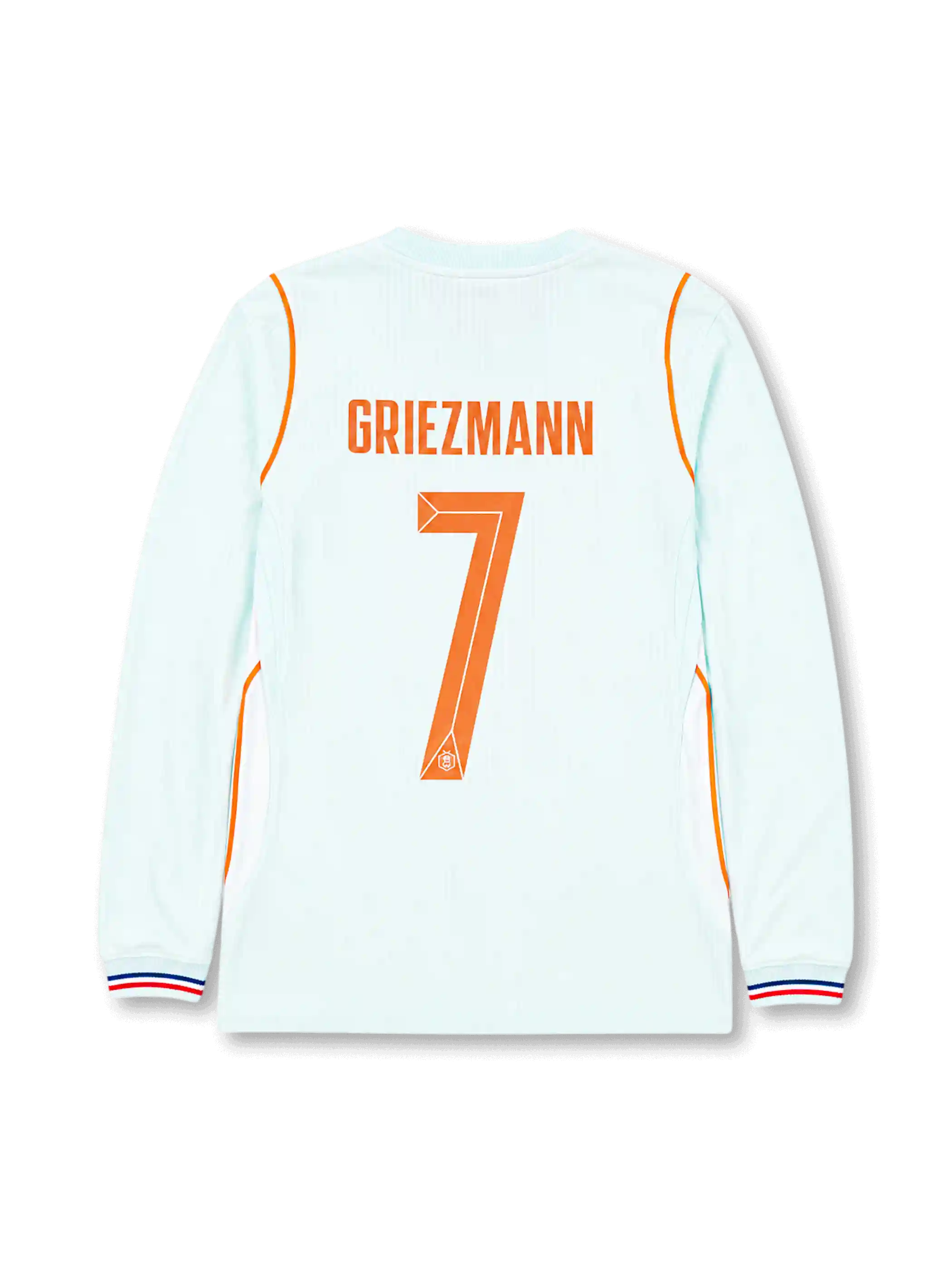 France 2026 away long sleeve football jersey with Antoine Griezmann #7, pale mint base, orange trim, France crest, and matching front and back player print.