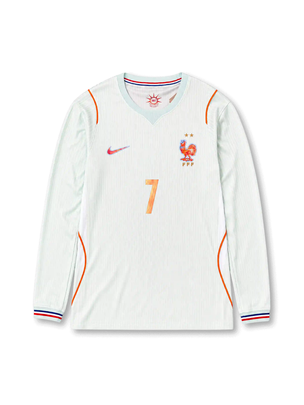 France 2026 away long sleeve football jersey with Antoine Griezmann #7, pale mint base, orange trim, France crest, and matching front and back player print.