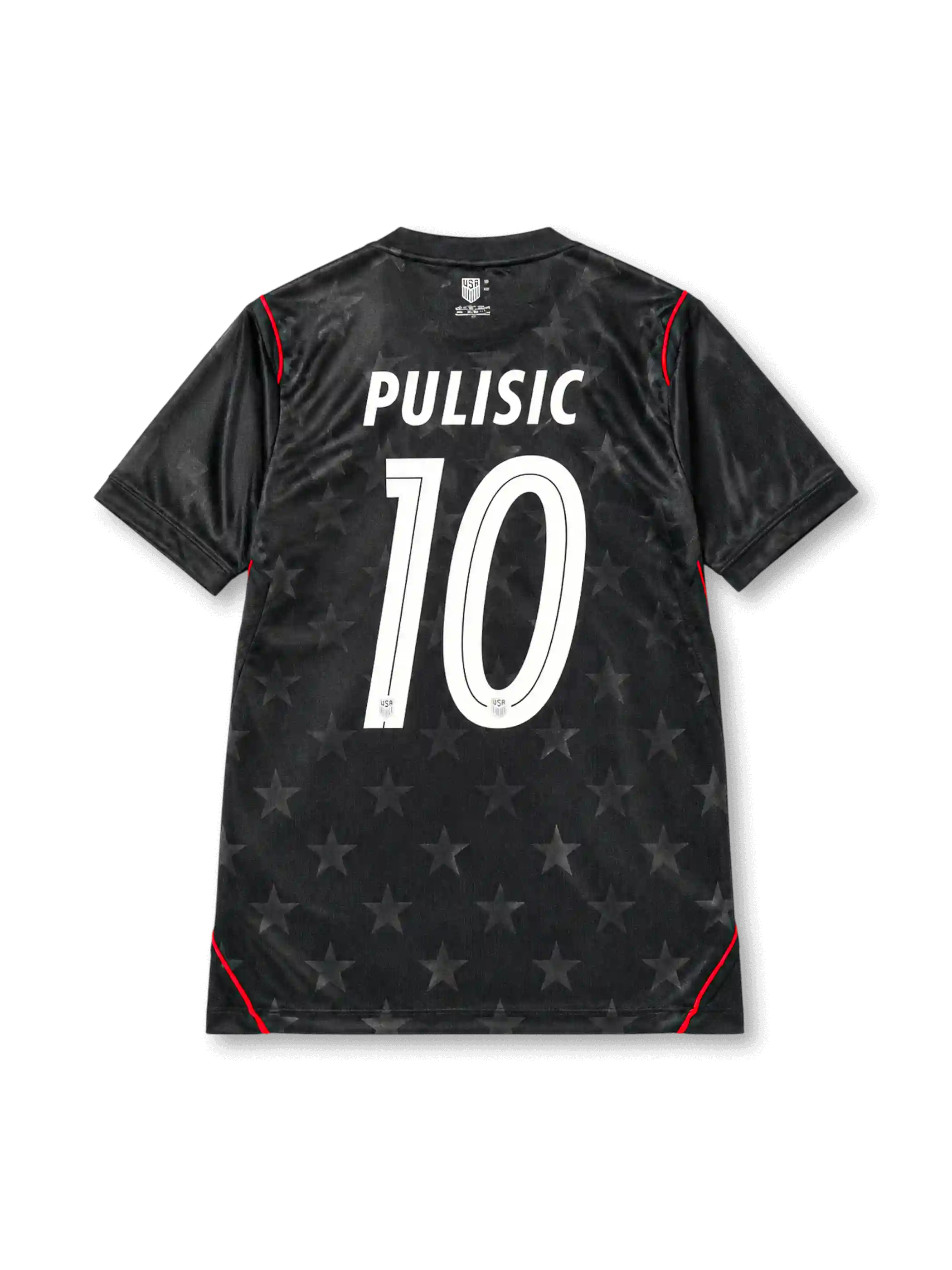 USA 2026 World Cup special black Authentic shirt with PULISIC #10, tonal star pattern, white federation crest, red piping, and matching front and back player print.