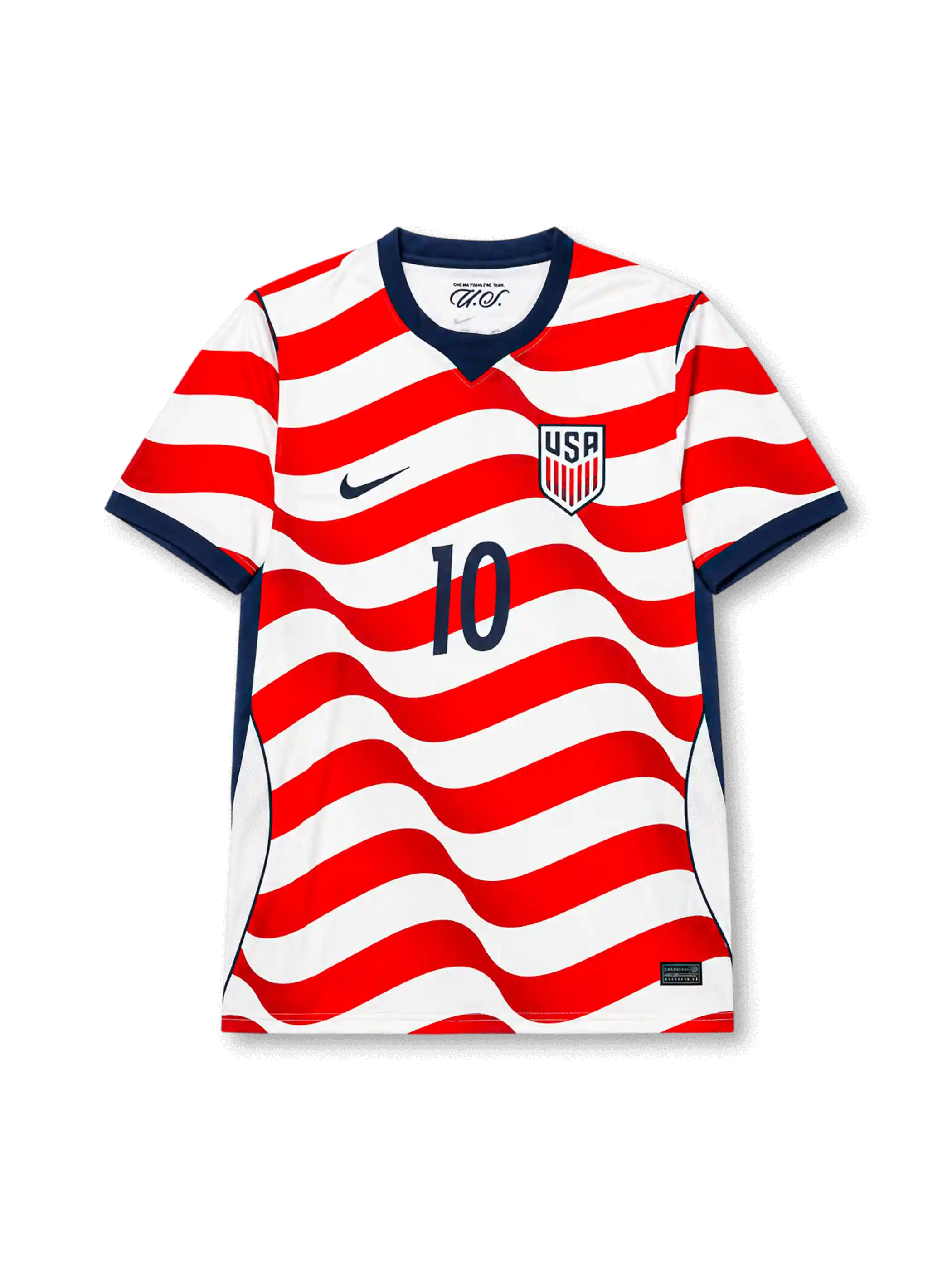 USA 2026 World Cup home football jersey with PULISIC #10, flowing red and white stripes, navy collar and cuffs, federation crest, and matching front and back player print.