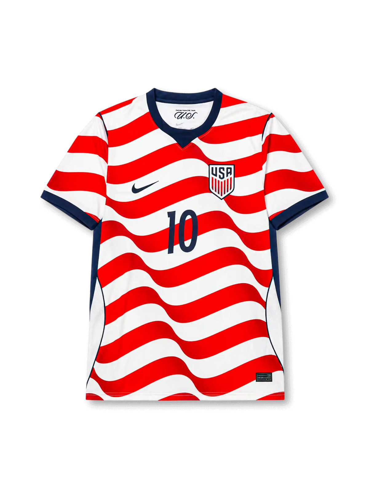 USA 2026 World Cup home football jersey with PULISIC #10, flowing red and white stripes, navy collar and cuffs, federation crest, and matching front and back player print.