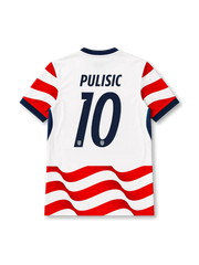 USA 2026 World Cup home football jersey with PULISIC #10, flowing red and white stripes, navy collar and cuffs, federation crest, and matching front and back player print.