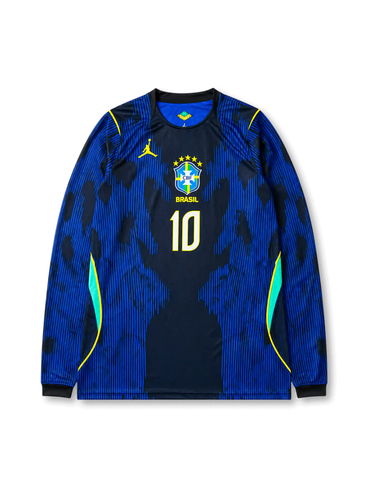 Brazil 2026 World Cup away long sleeve football jersey with Neymar Jr. #10, dark blue graphic pattern, neon yellow details, Brazil crest, and matching front and back player print.