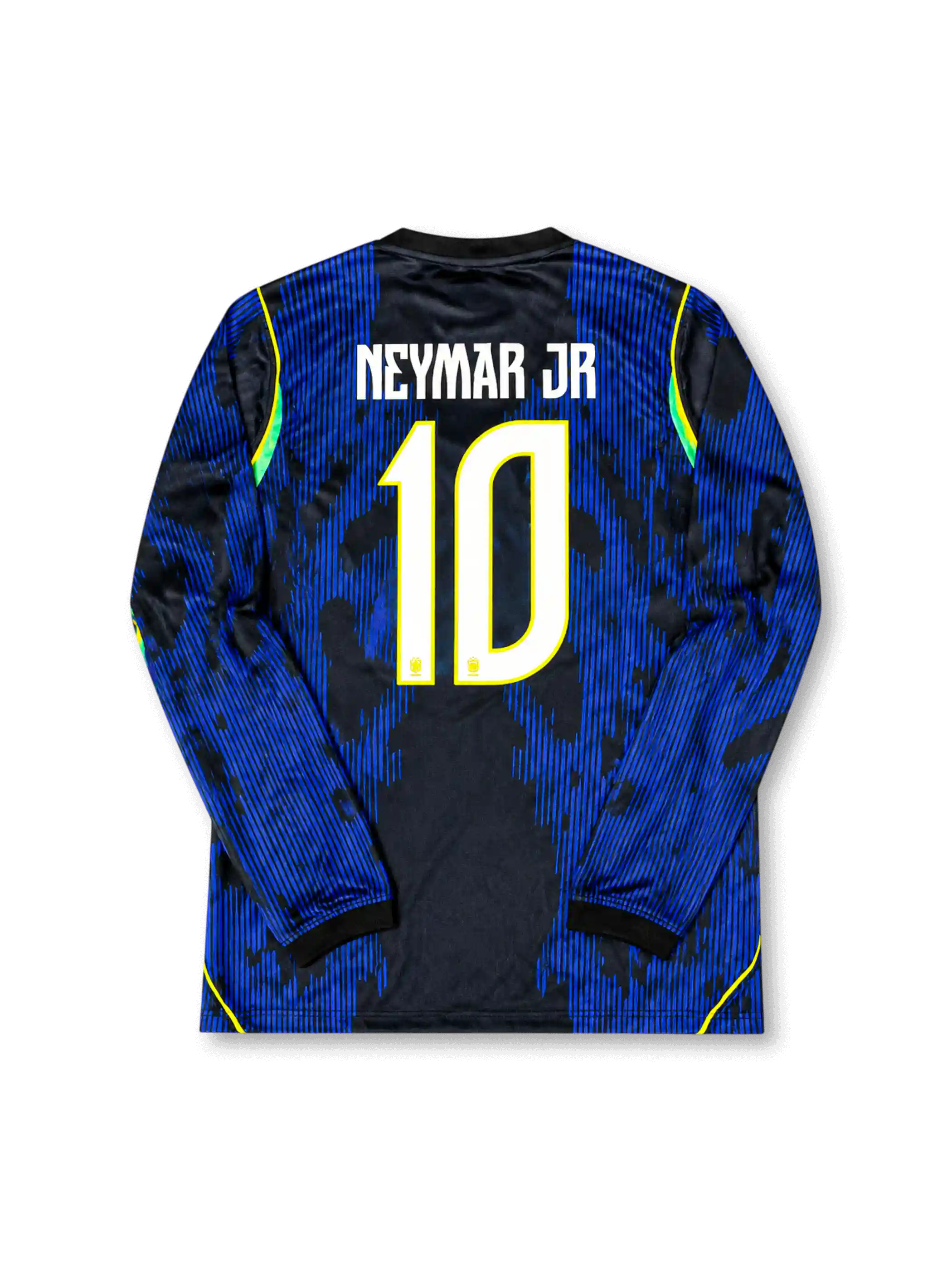 Brazil 2026 World Cup away long sleeve football jersey with Neymar Jr. #10, dark blue graphic pattern, neon yellow details, Brazil crest, and matching front and back player print.