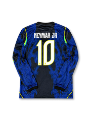 Brazil 2026 World Cup away long sleeve football jersey with Neymar Jr. #10, dark blue graphic pattern, neon yellow details, Brazil crest, and matching front and back player print.