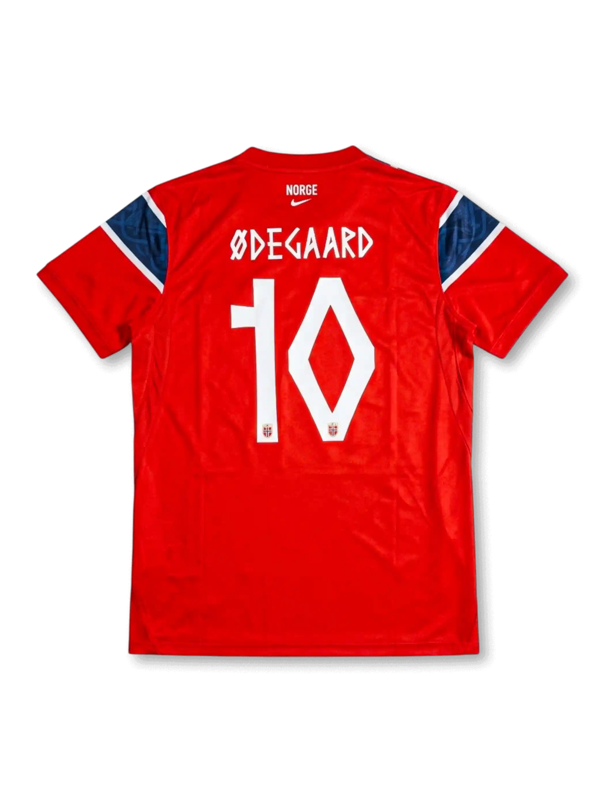 Norway 2026 World Cup home football jersey with ØDEGAARD #10, red body, oversized navy cross, white trim, federation crest, and matching front and back player print.