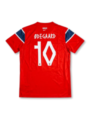 Norway 2026 World Cup home football jersey with ØDEGAARD #10, red body, oversized navy cross, white trim, federation crest, and matching front and back player print.