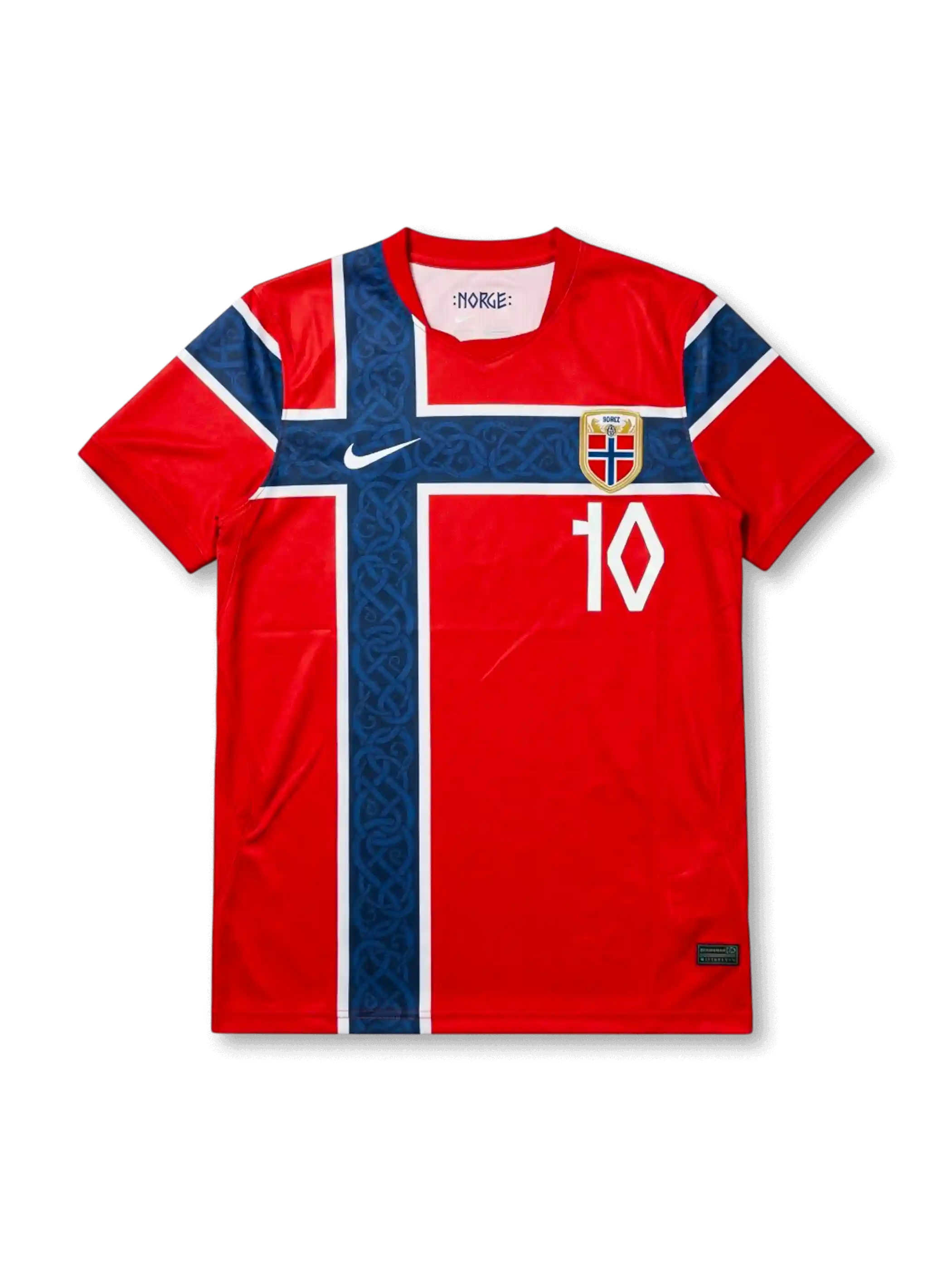 Norway 2026 World Cup home football jersey with ØDEGAARD #10, red body, oversized navy cross, white trim, federation crest, and matching front and back player print.