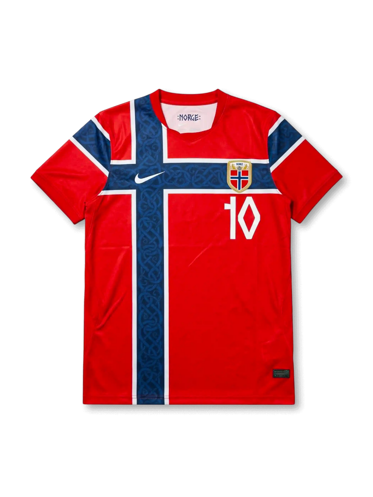 Norway 2026 World Cup home football jersey with ØDEGAARD #10, red body, oversized navy cross, white trim, federation crest, and matching front and back player print.