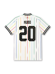 Japan 2026 away replica football jersey in white with Takefusa Kubo name and number 20