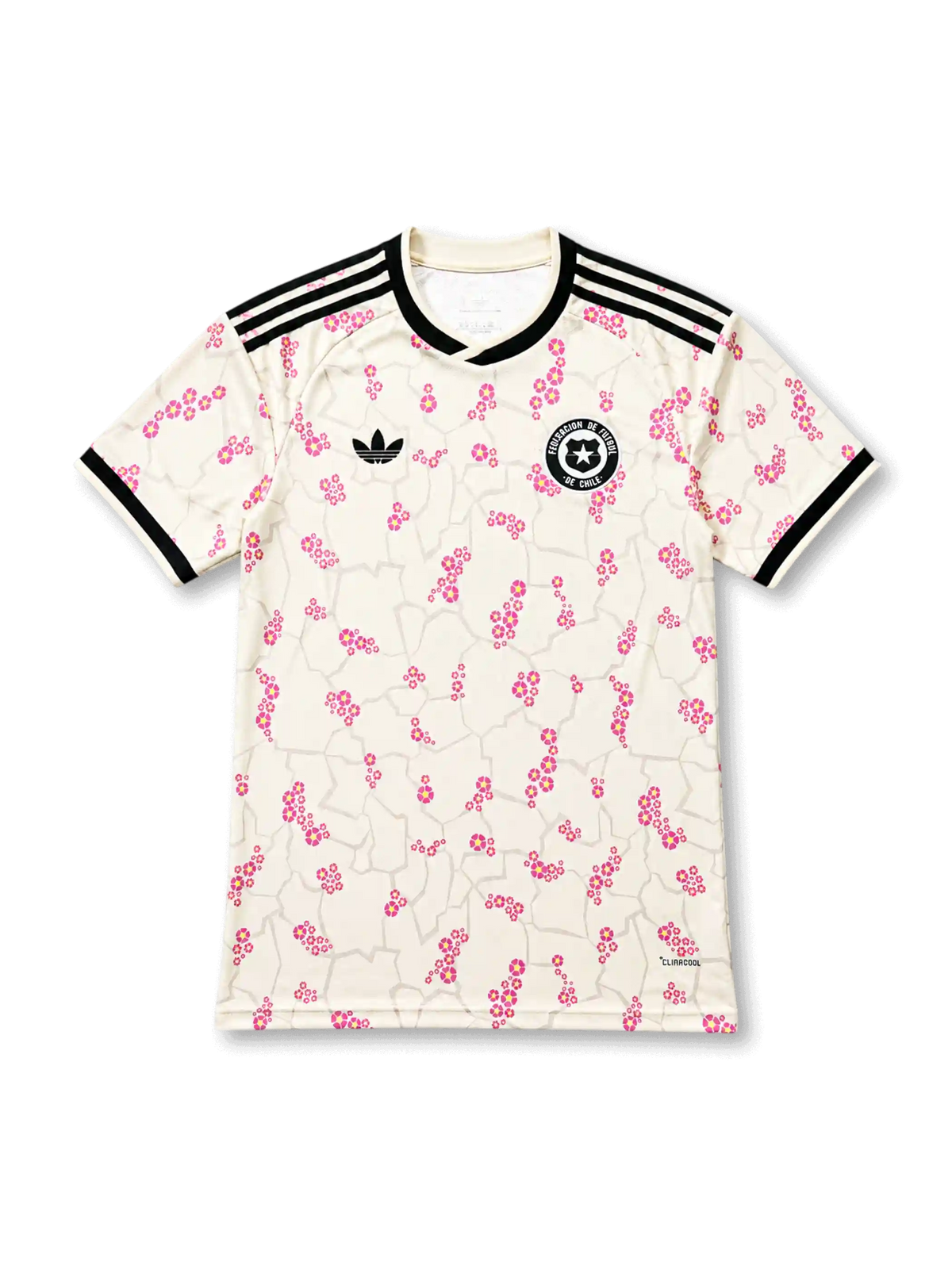 Front view of the Chile 2026–27 away football jersey with pink floral graphics and black trim