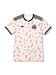 Front view of the Chile 2026–27 away football jersey with pink floral graphics and black trim