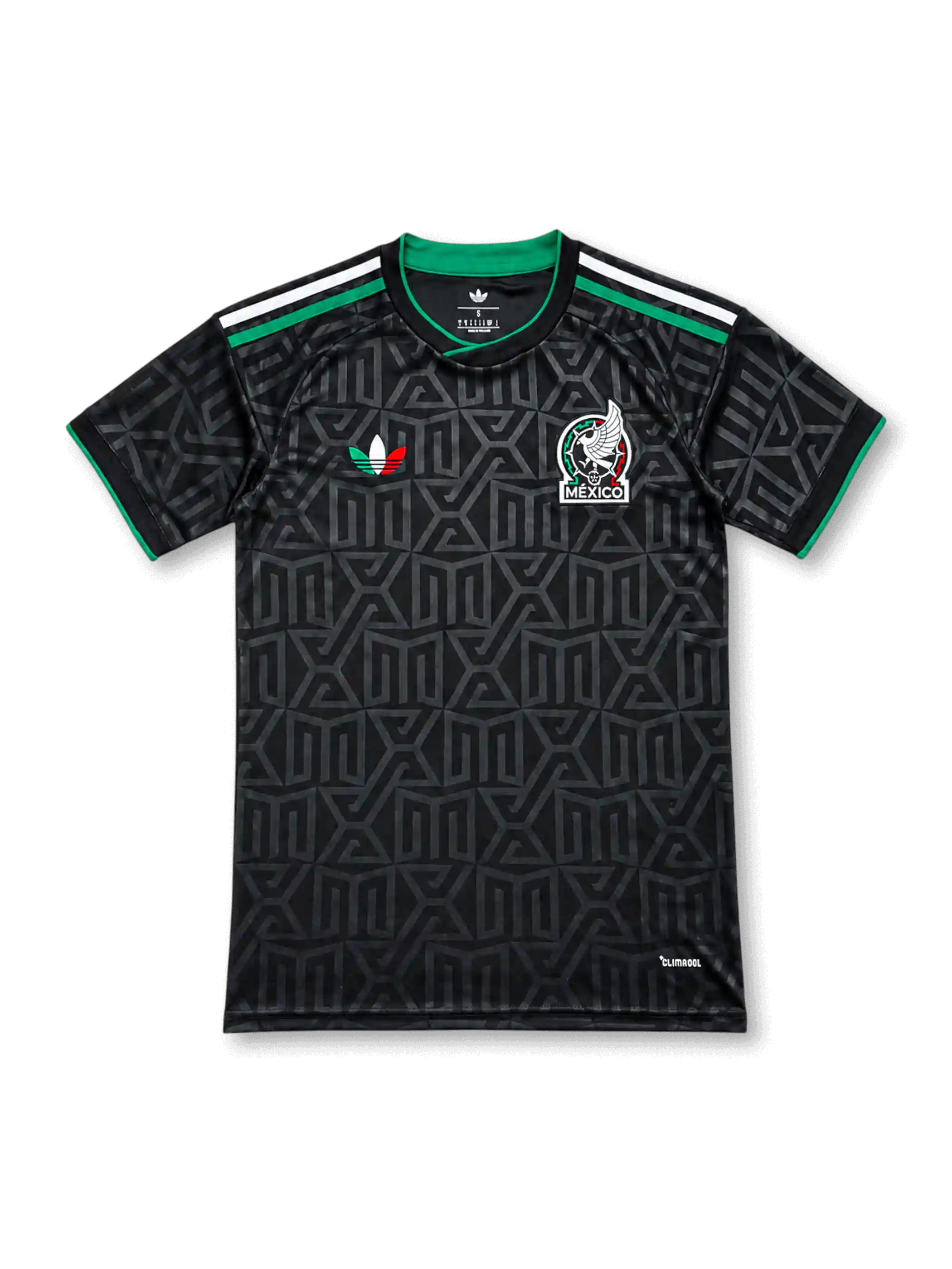 Front view of the Mexico 2026–27 second away black football jersey with tonal geometric pattern and green trim
