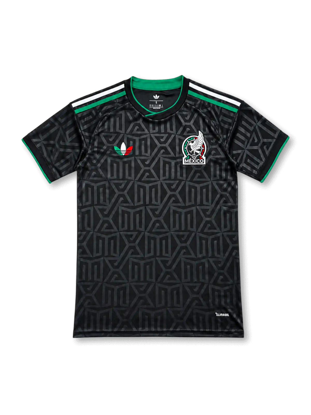 Front view of the Mexico 2026–27 second away black football jersey with tonal geometric pattern and green trim