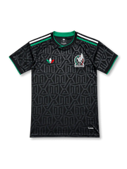 Front view of the Mexico 2026–27 second away black football jersey with tonal geometric pattern and green trim