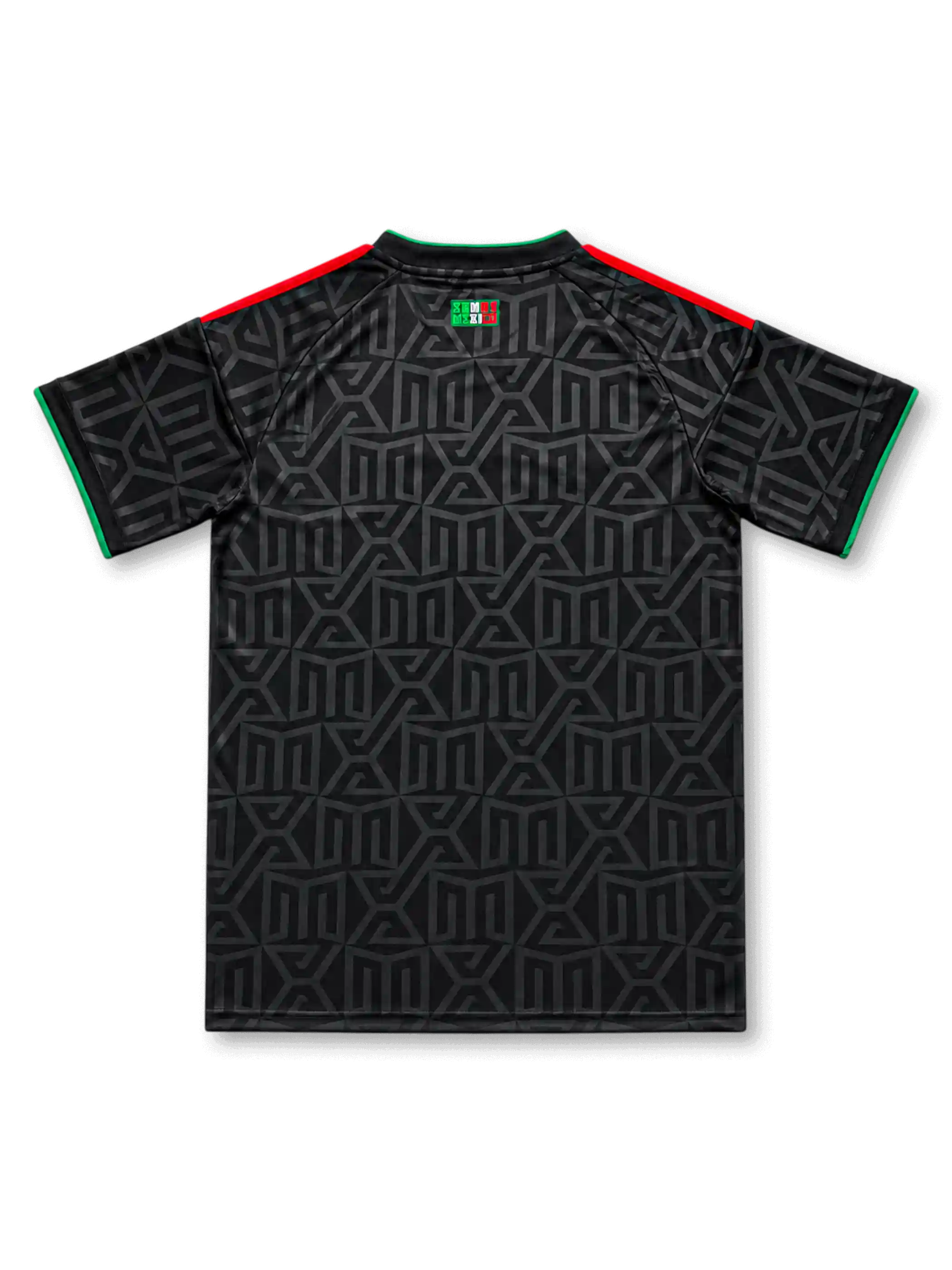 Back view of the Mexico 2026–27 second away black football jersey with tonal pattern and red shoulder accents