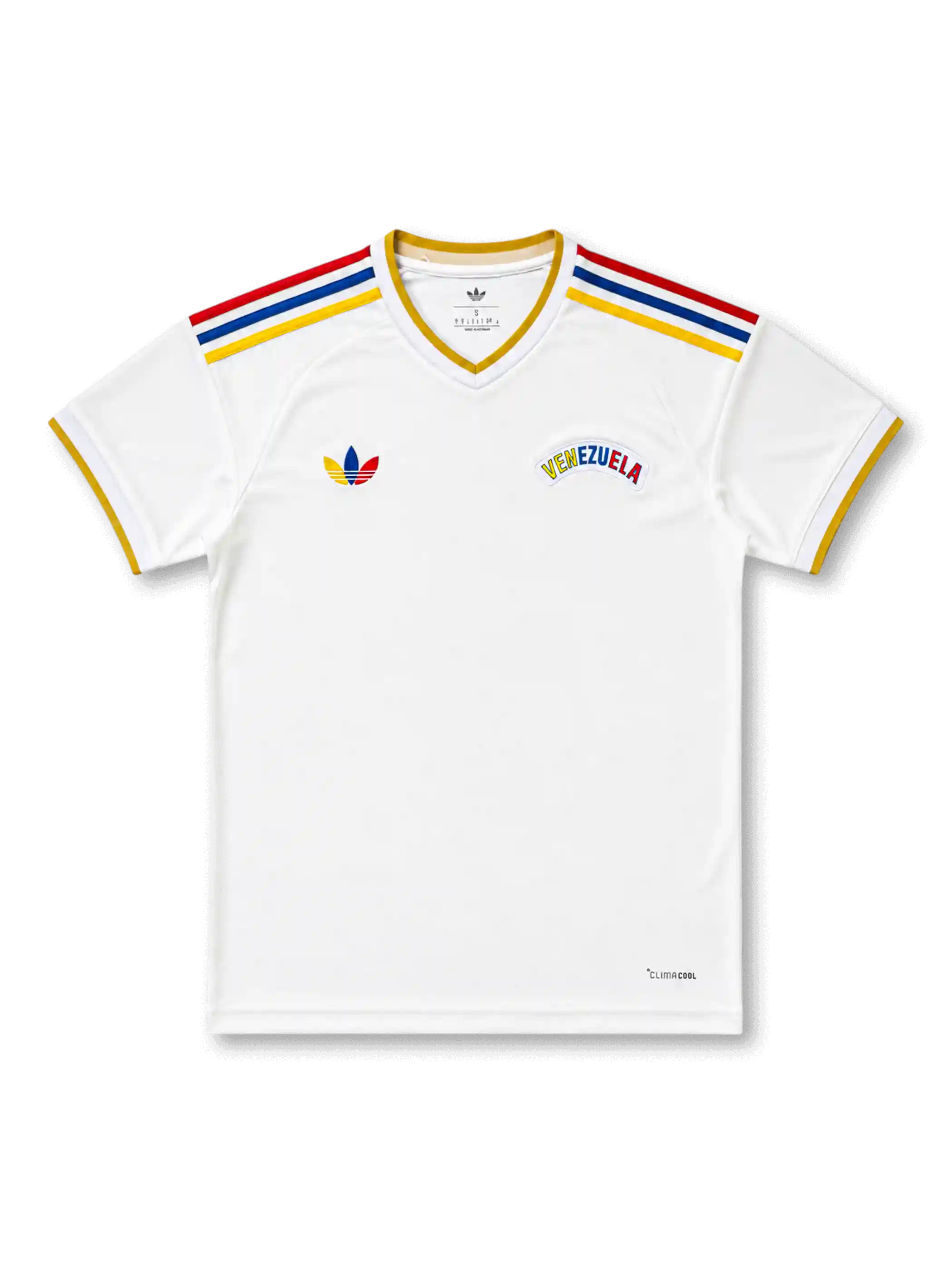 Venezuela 2026/27 away shirt with a white body, yellow-trim V-neck, red-blue-yellow shoulder stripes, heritage-style Trefoil chest branding, arched Venezuela wordmark, and La Vinotinto back-neck text.