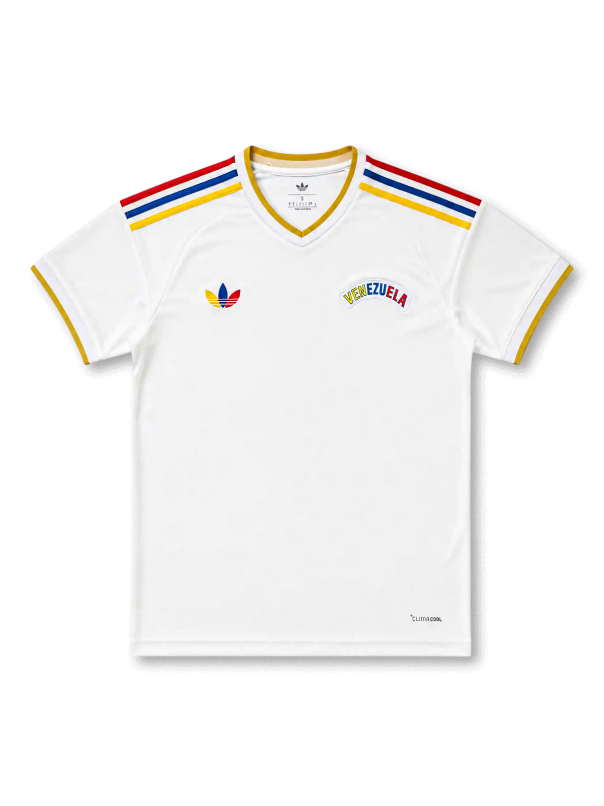 Venezuela 2026/27 away shirt with a white body, yellow-trim V-neck, red-blue-yellow shoulder stripes, heritage-style Trefoil chest branding, arched Venezuela wordmark, and La Vinotinto back-neck text.