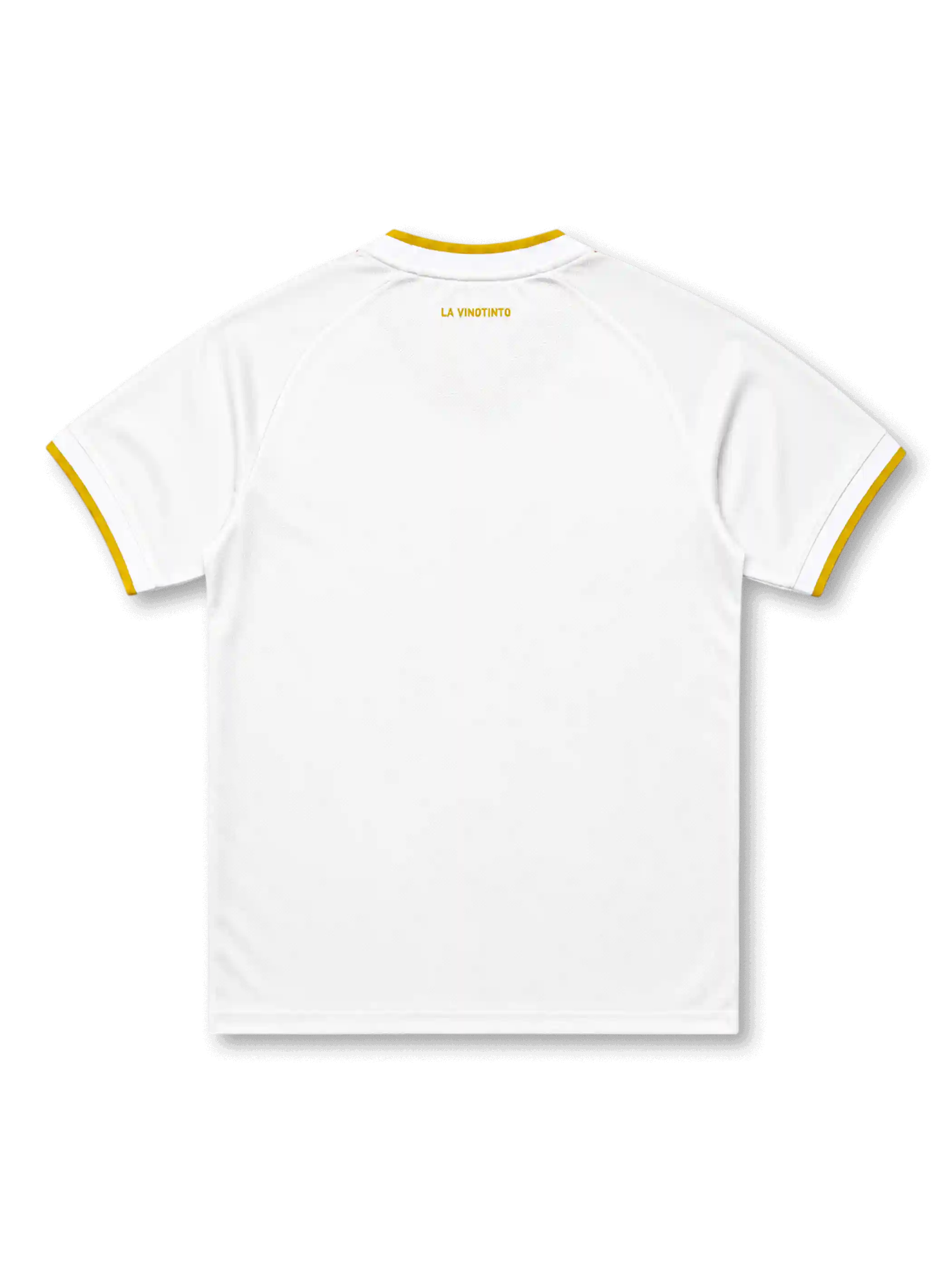 Venezuela 2026/27 away shirt with a white body, yellow-trim V-neck, red-blue-yellow shoulder stripes, heritage-style Trefoil chest branding, arched Venezuela wordmark, and La Vinotinto back-neck text.