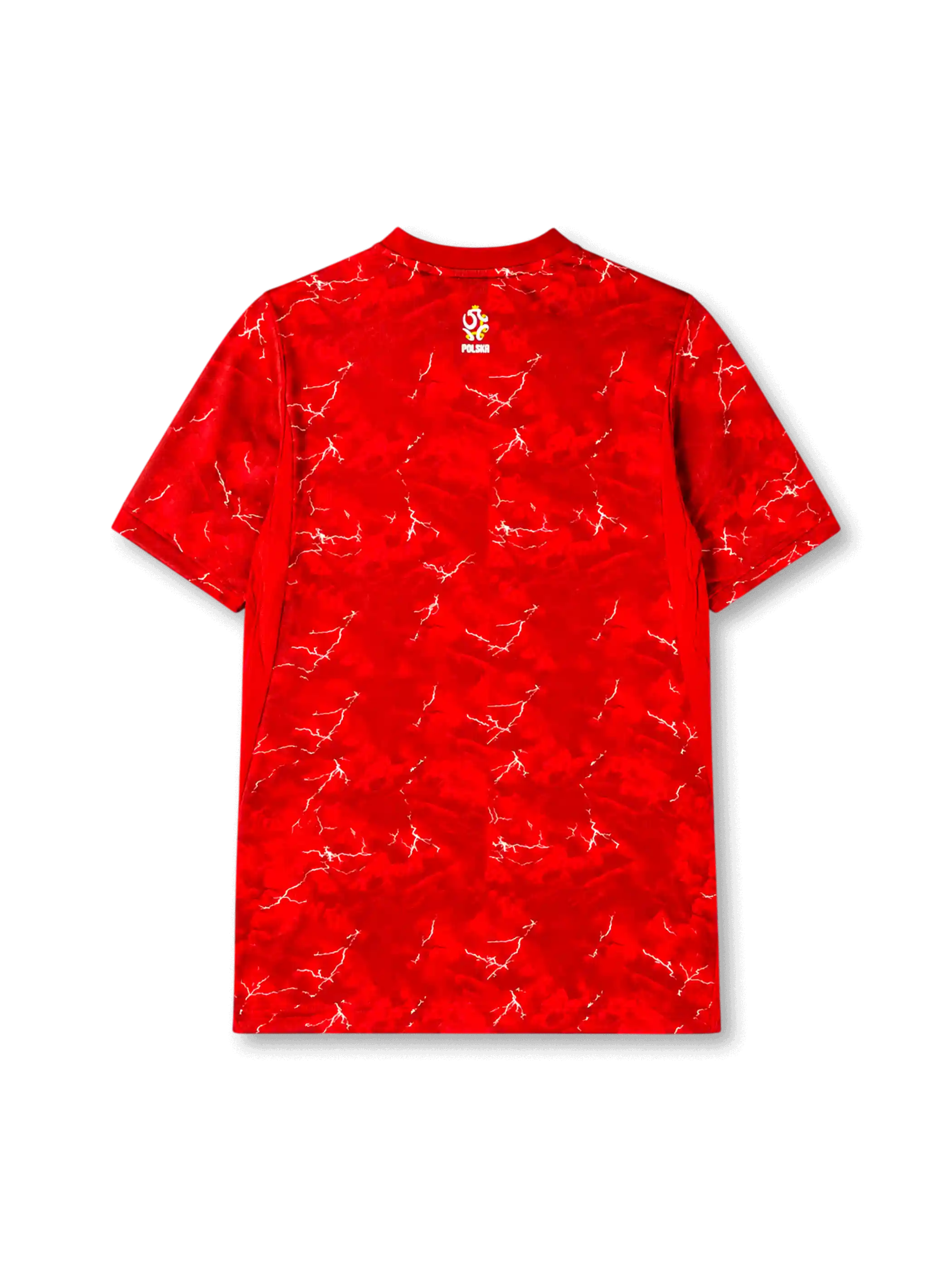 Poland 2026/27 away shirt with a red tonal graphic base, white lightning-style detailing, white chest Swoosh, Poland eagle crest, V-neck collar, and Polska back-neck text.