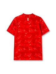 Poland 2026/27 away shirt with a red tonal graphic base, white lightning-style detailing, white chest Swoosh, Poland eagle crest, V-neck collar, and Polska back-neck text.