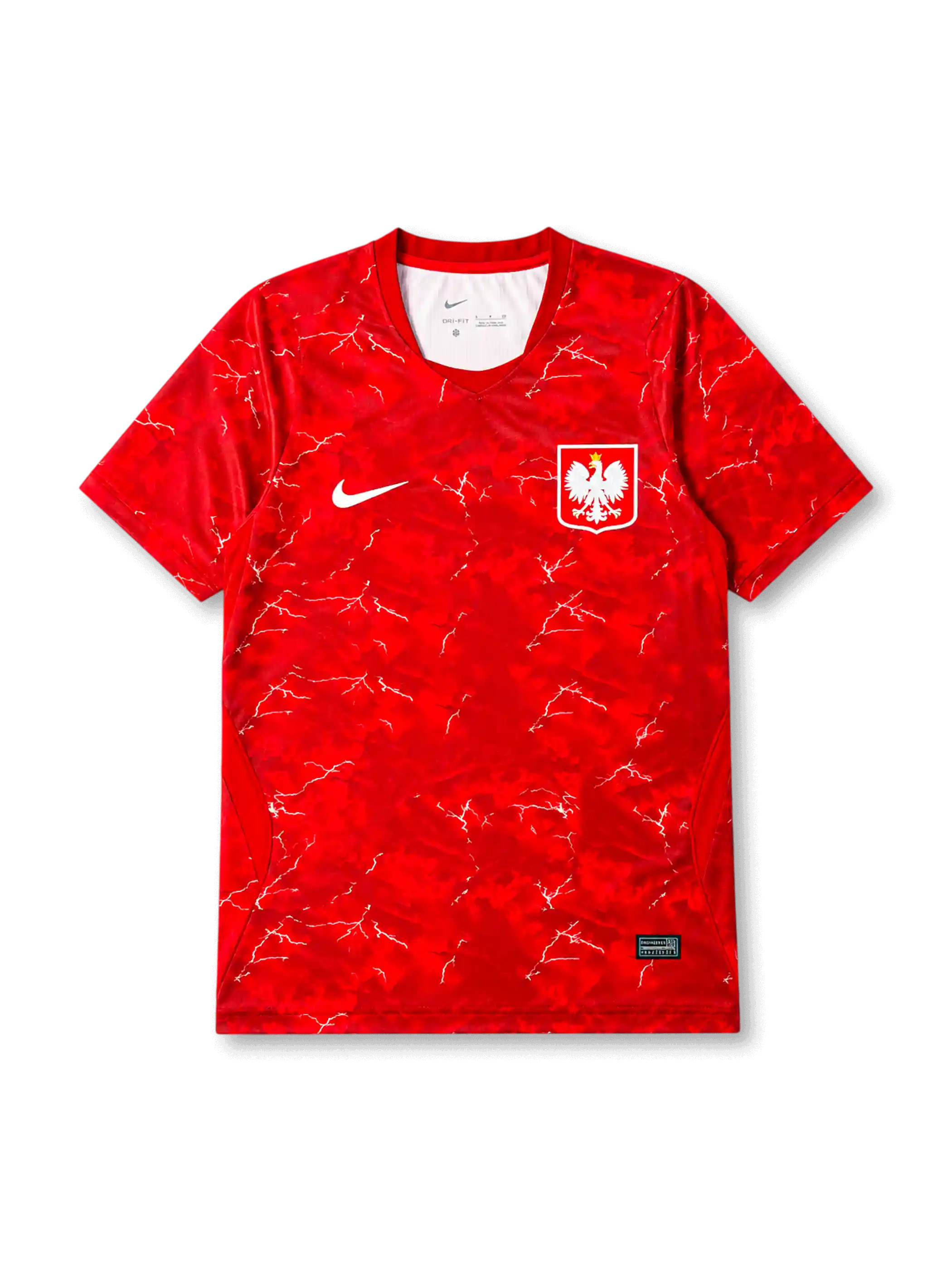 Poland 2026/27 away shirt with a red tonal graphic base, white lightning-style detailing, white chest Swoosh, Poland eagle crest, V-neck collar, and Polska back-neck text.