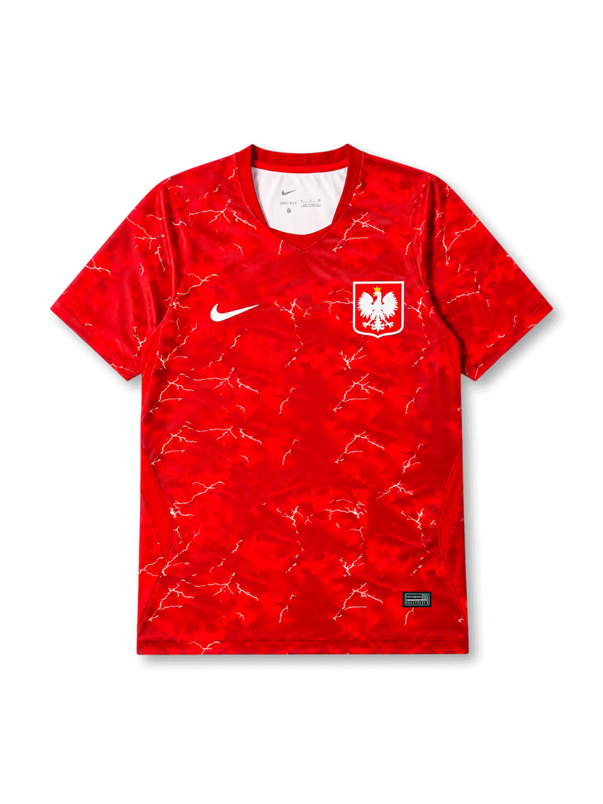 Poland 2026/27 away shirt with a red tonal graphic base, white lightning-style detailing, white chest Swoosh, Poland eagle crest, V-neck collar, and Polska back-neck text.