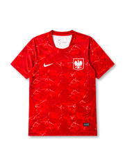 Poland 2026/27 away shirt with a red tonal graphic base, white lightning-style detailing, white chest Swoosh, Poland eagle crest, V-neck collar, and Polska back-neck text.