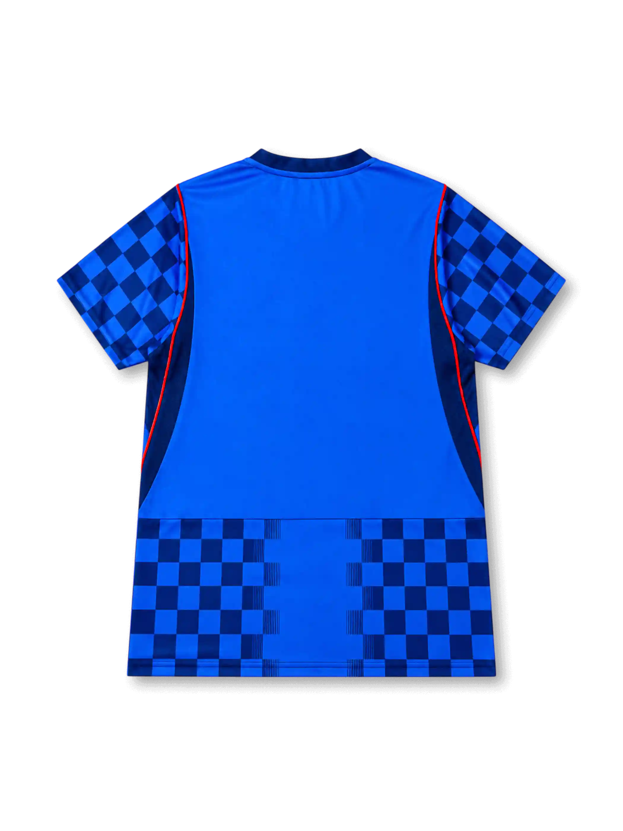 Croatia 2026/27 away shirt with a blue base, dark blue checkered sleeves and lower panels, central Croatia crest, white chest Swoosh, red piping accents, and V-neck collar.