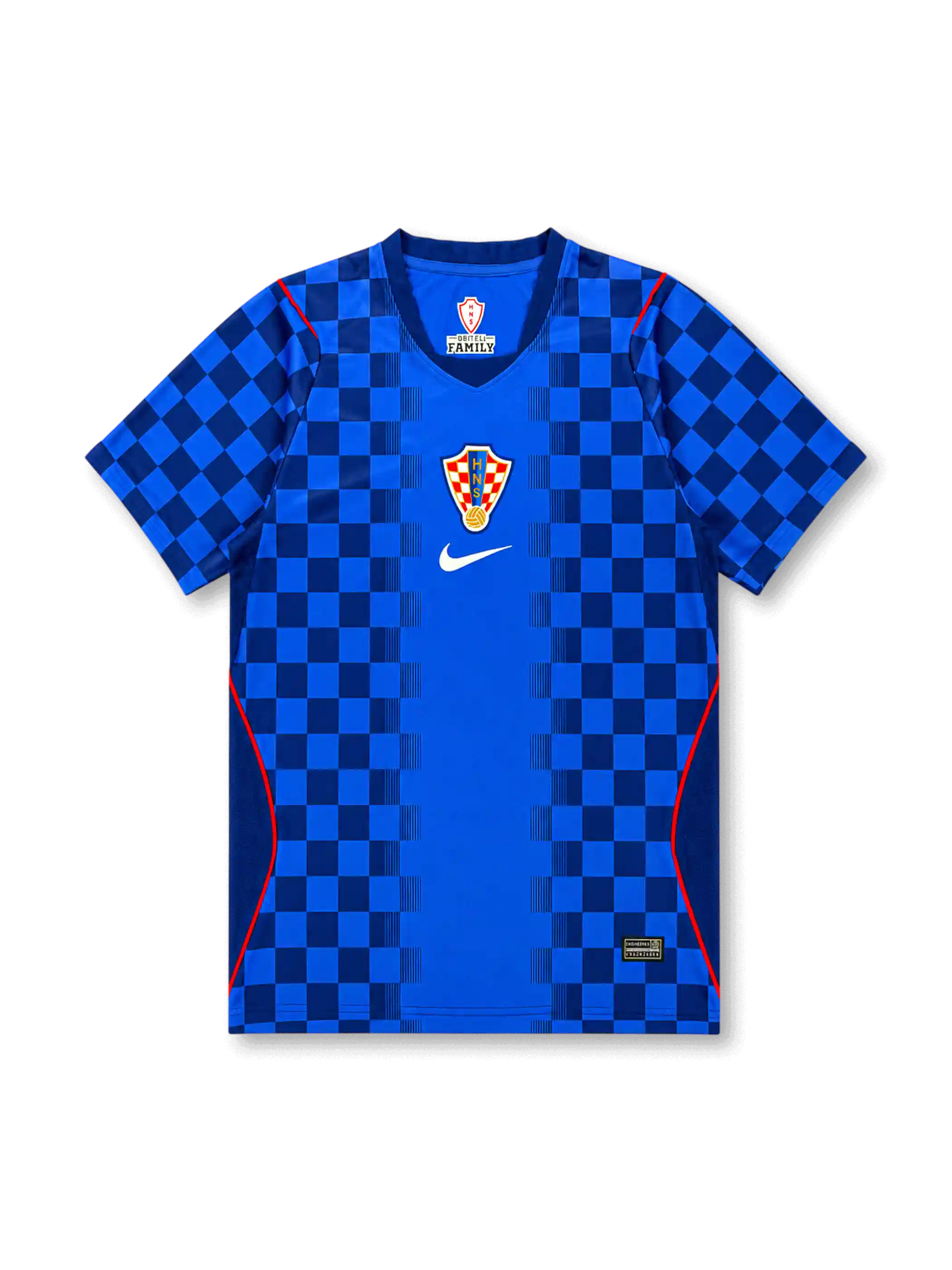 Croatia 2026/27 away shirt with a blue base, dark blue checkered sleeves and lower panels, central Croatia crest, white chest Swoosh, red piping accents, and V-neck collar.