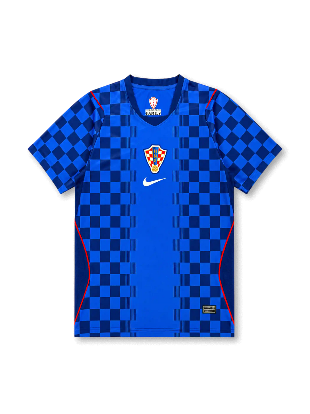 Croatia 2026/27 away shirt with a blue base, dark blue checkered sleeves and lower panels, central Croatia crest, white chest Swoosh, red piping accents, and V-neck collar.