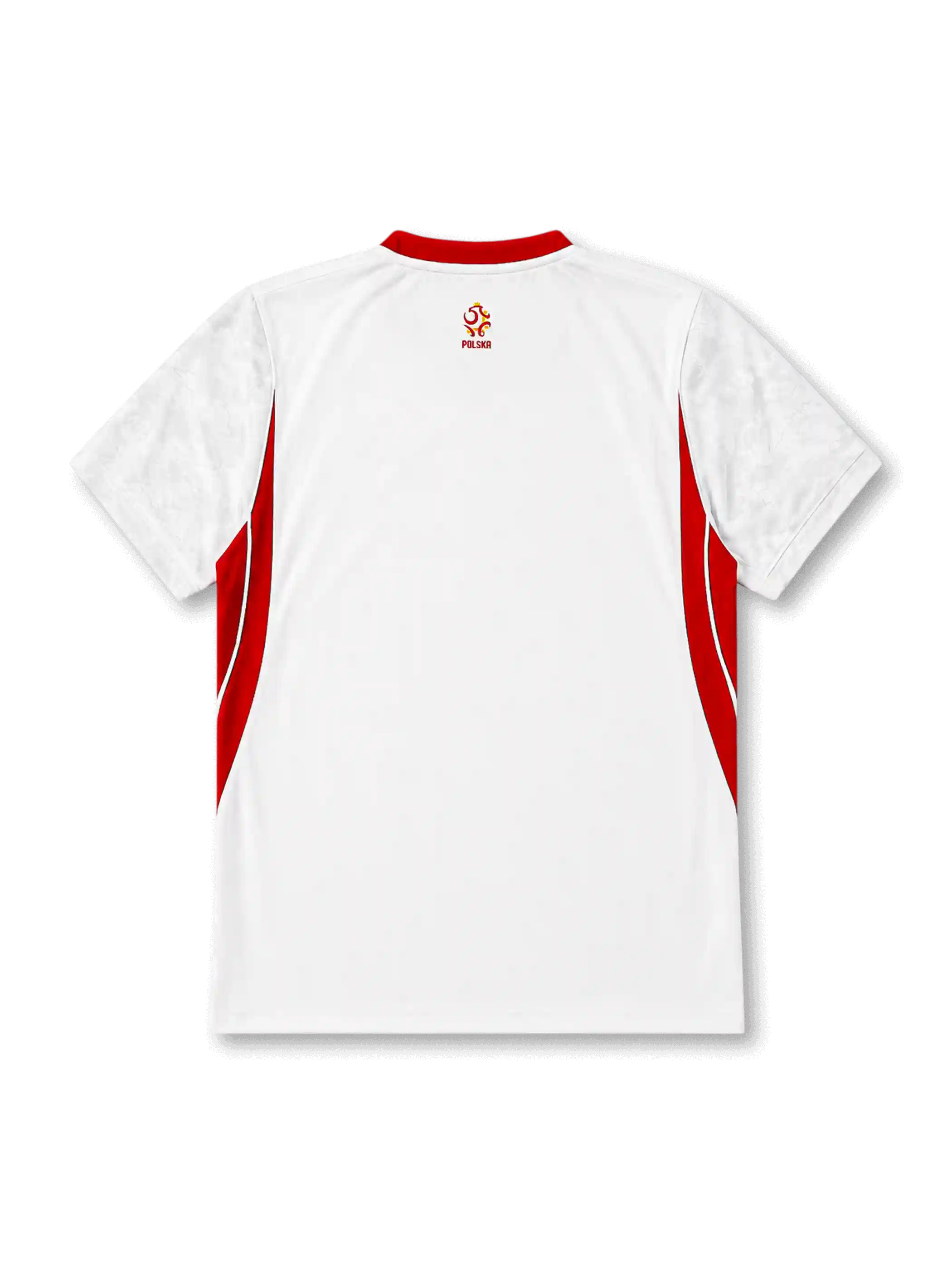 Poland 2026/27 home shirt with a white base, red V-neck collar, red side panels, red chest Swoosh, Poland eagle crest, and Polska back-neck text.