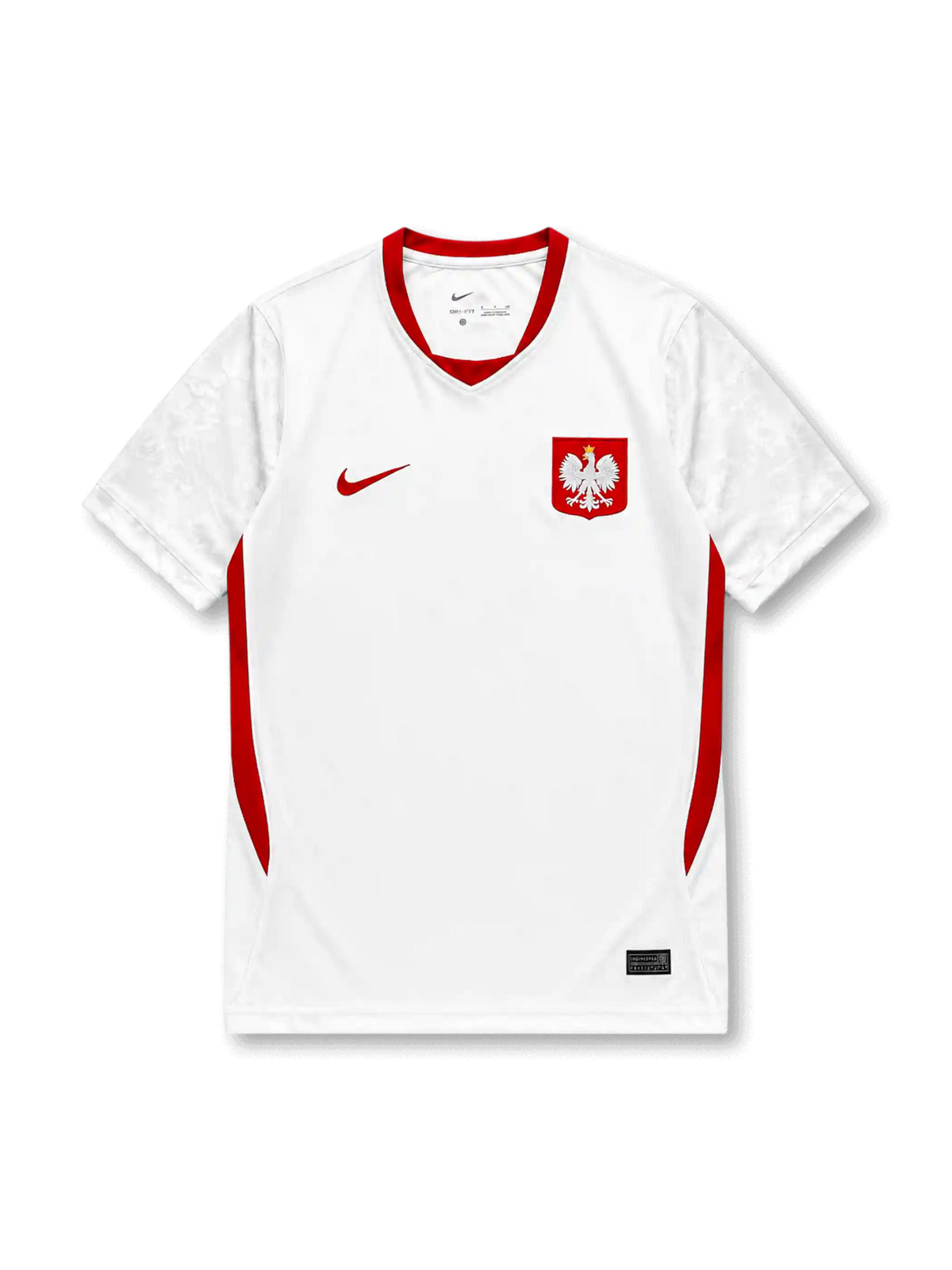 Poland 2026/27 home shirt with a white base, red V-neck collar, red side panels, red chest Swoosh, Poland eagle crest, and Polska back-neck text.