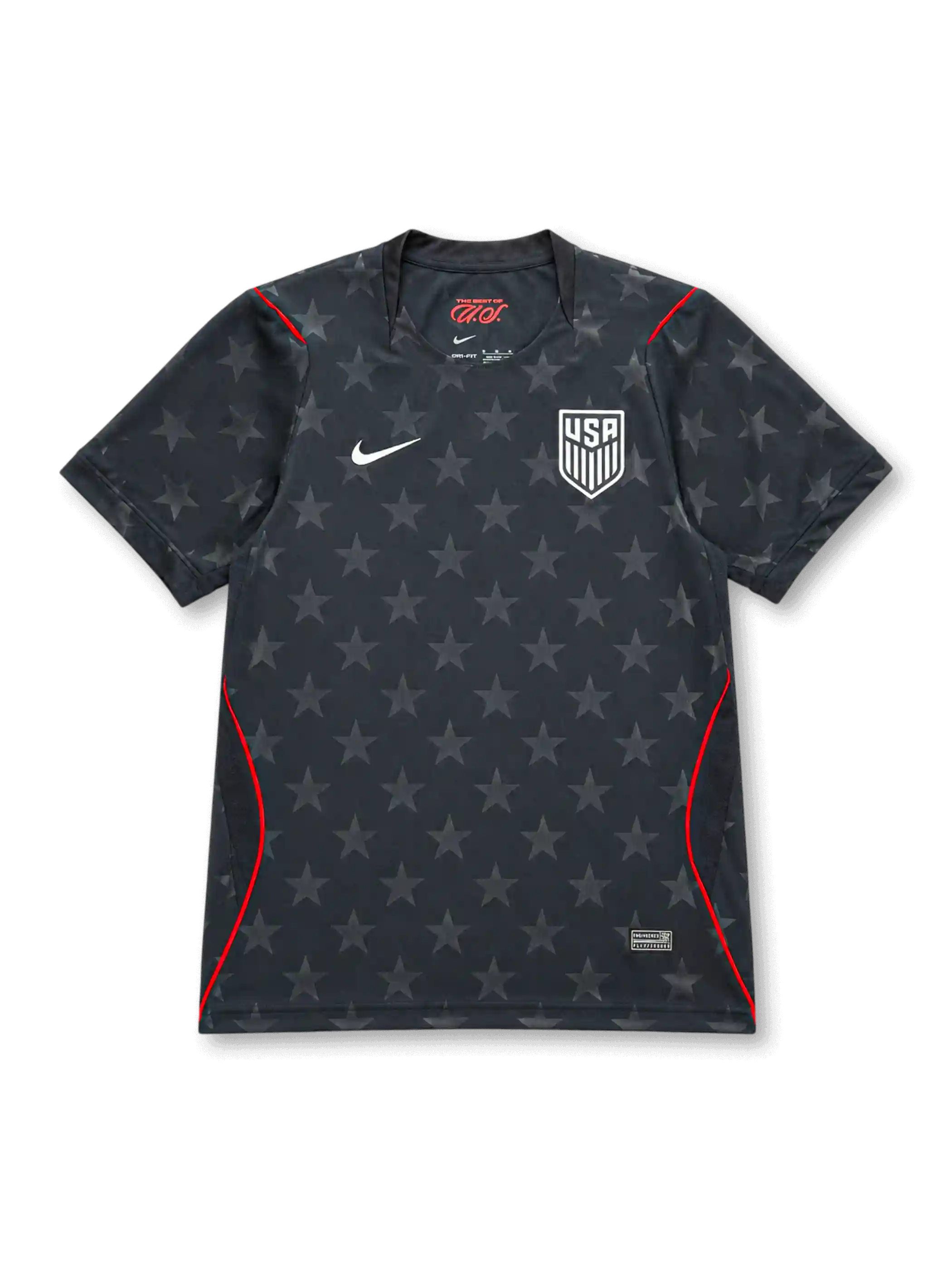 USA 2026/27 away shirt with a dark charcoal base, tonal all-over star pattern, white USA shield crest, white chest Swoosh, red piping accents, and V-neck collar.