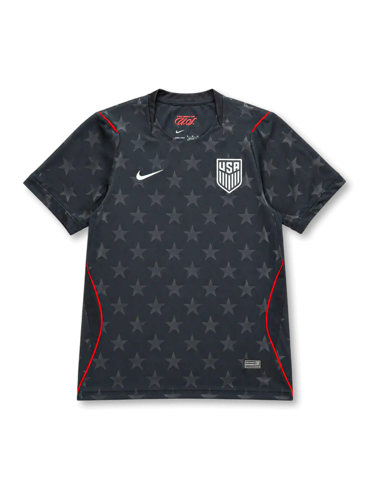 USA 2026/27 away shirt with a dark charcoal base, tonal all-over star pattern, white USA shield crest, white chest Swoosh, red piping accents, and V-neck collar.