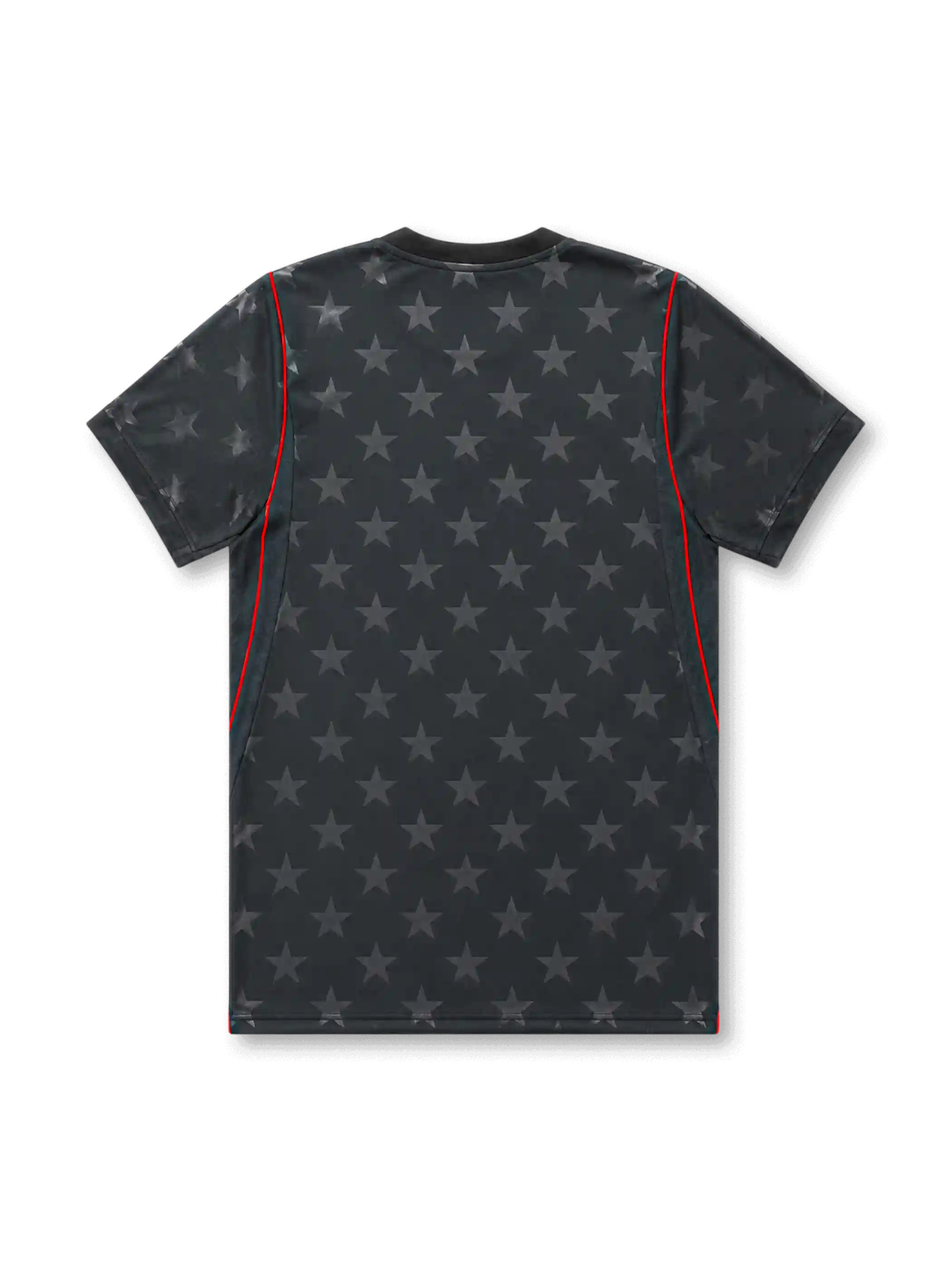 USA 2026/27 away shirt with a dark charcoal base, tonal all-over star pattern, white USA shield crest, white chest Swoosh, red piping accents, and V-neck collar.