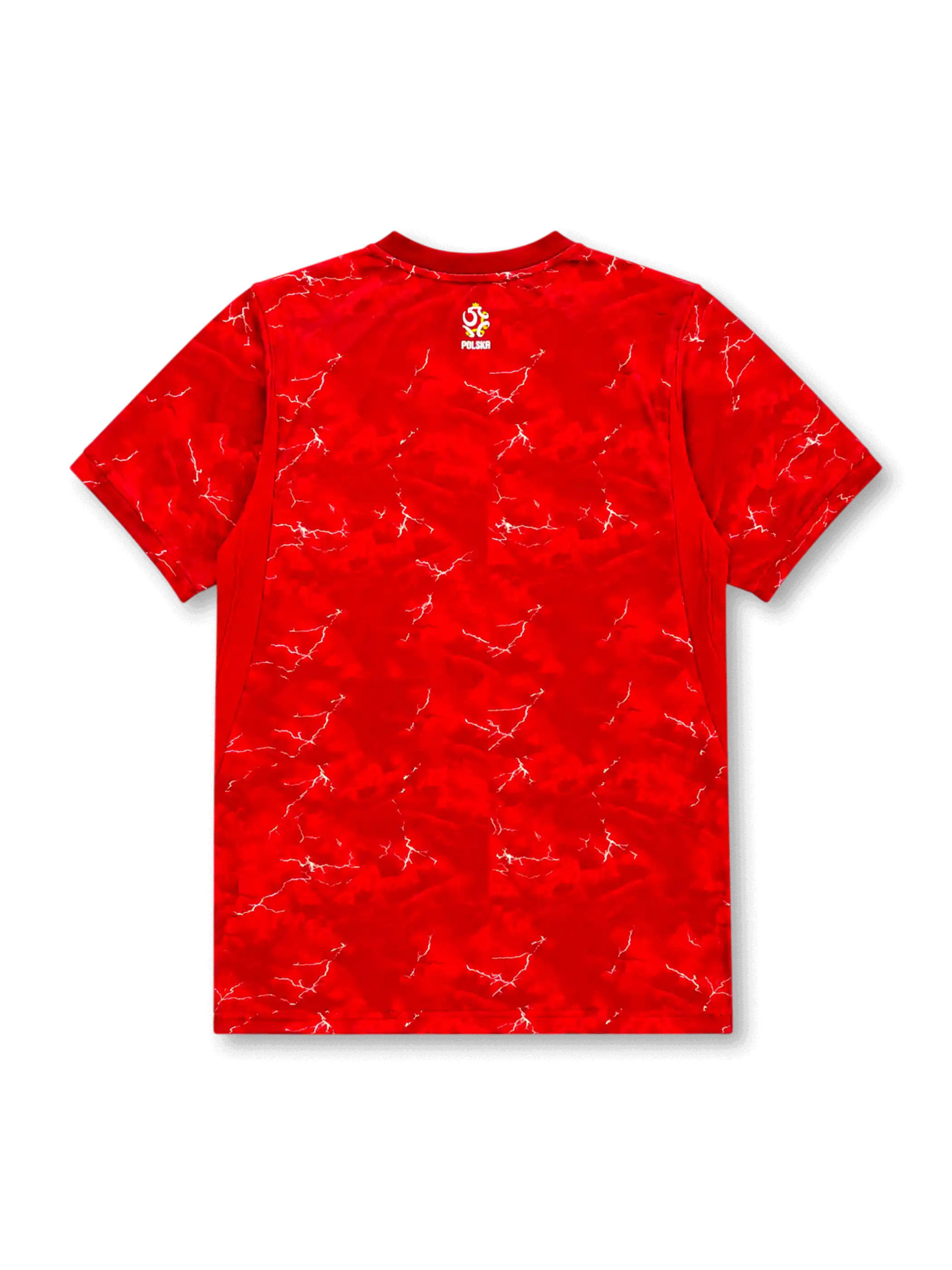 Canada 2026/27 home shirt with a red base, tonal oversized maple leaf front graphic, white Canada crest, white chest Swoosh, dark piping accents, and V-neck collar.