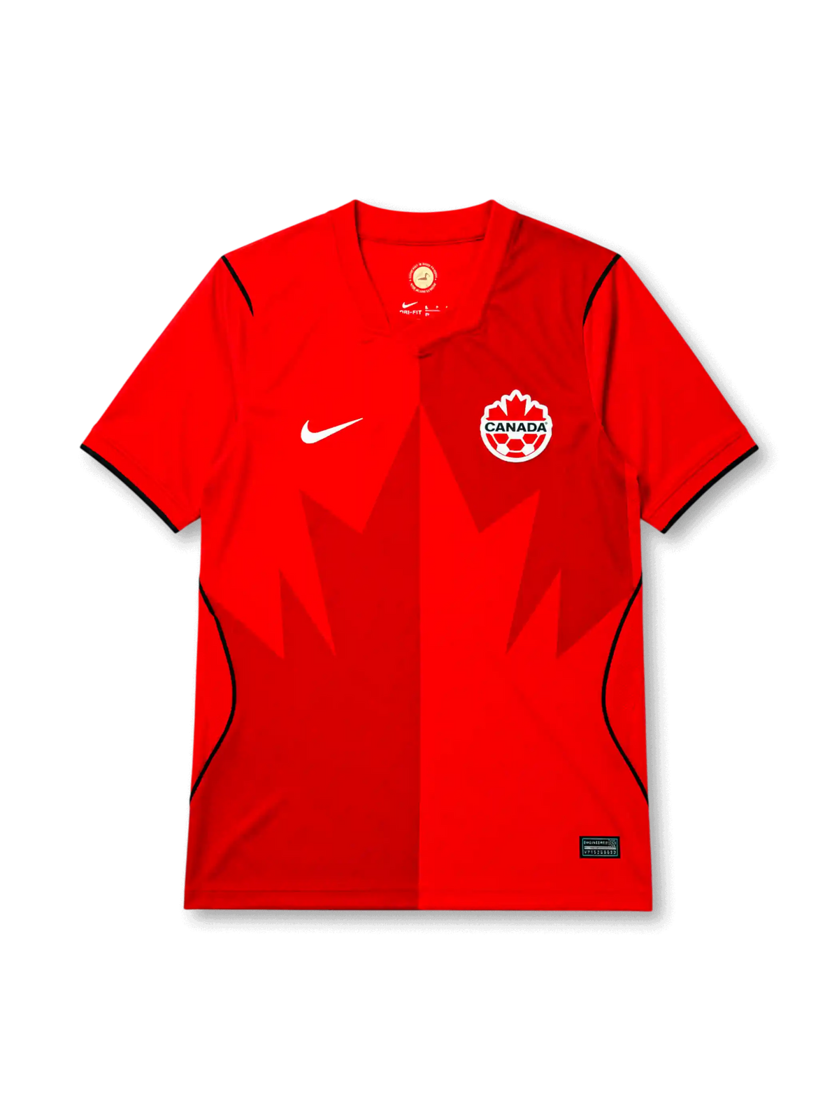 Canada 2026/27 home shirt with a red base, tonal oversized maple leaf front graphic, white Canada crest, white chest Swoosh, dark piping accents, and V-neck collar.